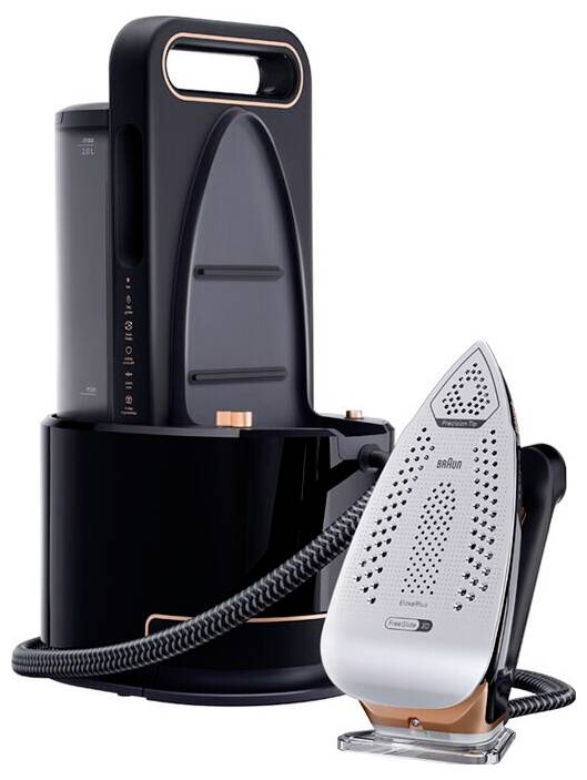 Braun Black Steam-Bügelanlage mit abnehmbarem silbernem Bügeleisen, das auf der Basis ruht