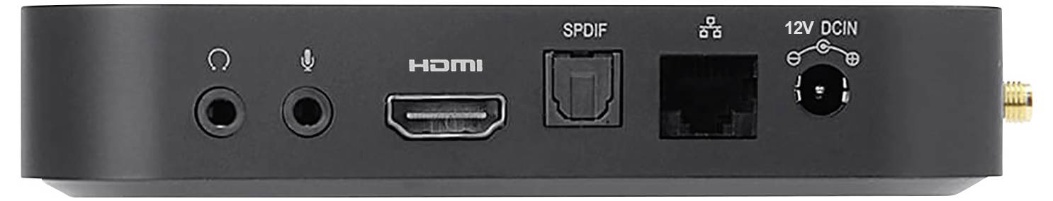 Nahaufnahme eines Geraterückpanels mit Kopfhörer- und Mikrofonbuchsen, HDMI, SPDIF, 12V Gleichstromeingang und Ethernet-Anschlüssen.