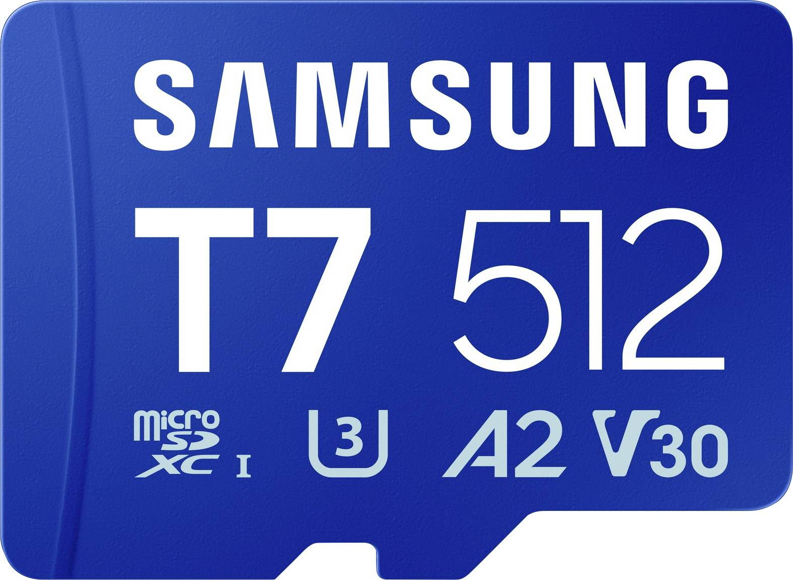 Blaue Samsung T7 512GB microSD-Karte mit Geschwindigkeitsbewertungen U3, A2 und V30.
