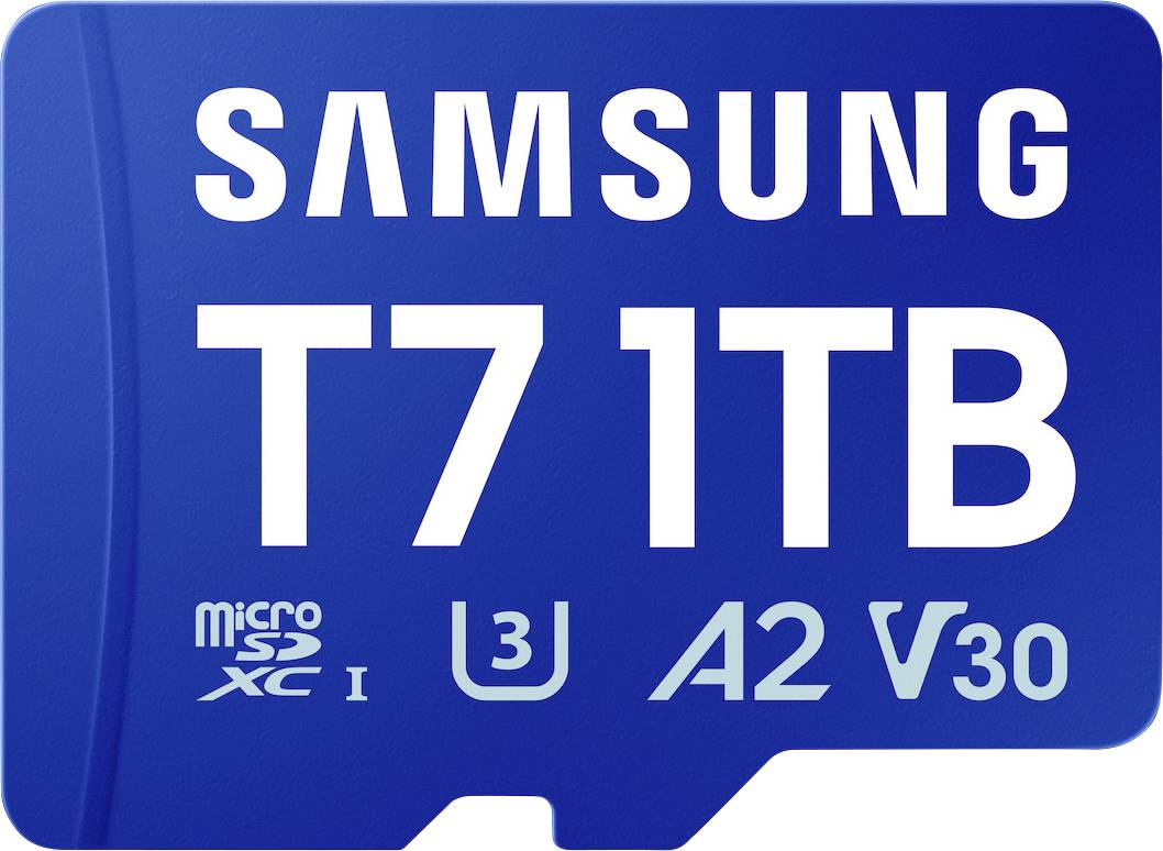 Samsung T7 1TB blau microSD-Karte mit U3, A2 und V30 Geschwindigkeitsbewertungen.