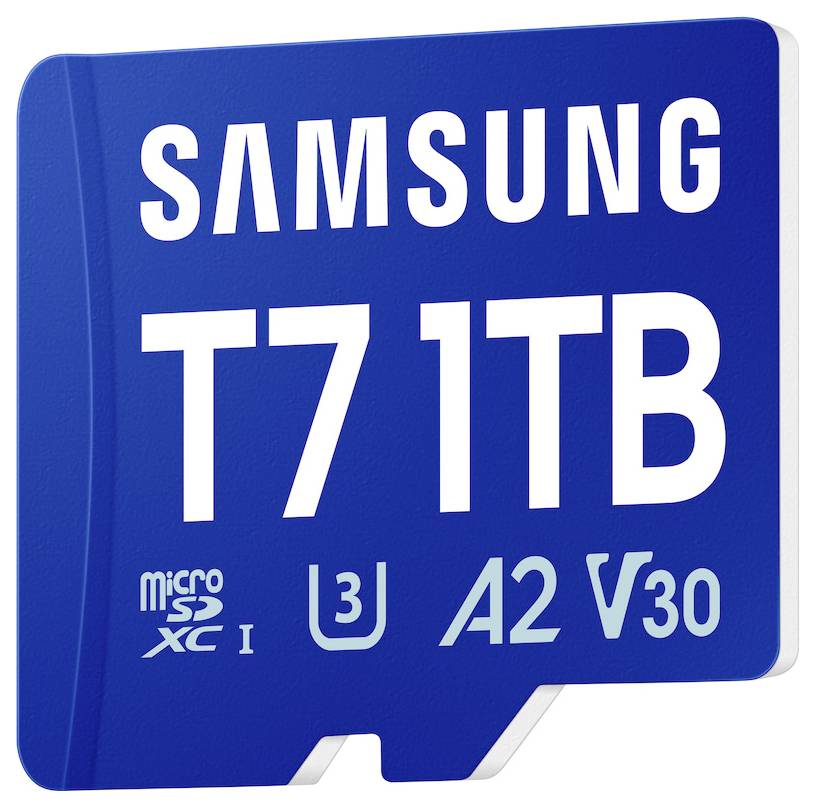 Samsung T7 microSDXC-Karte Retail 1TB UHS-I U3, A2 Application Performance Class, Class 10, v30 Video Speed Class