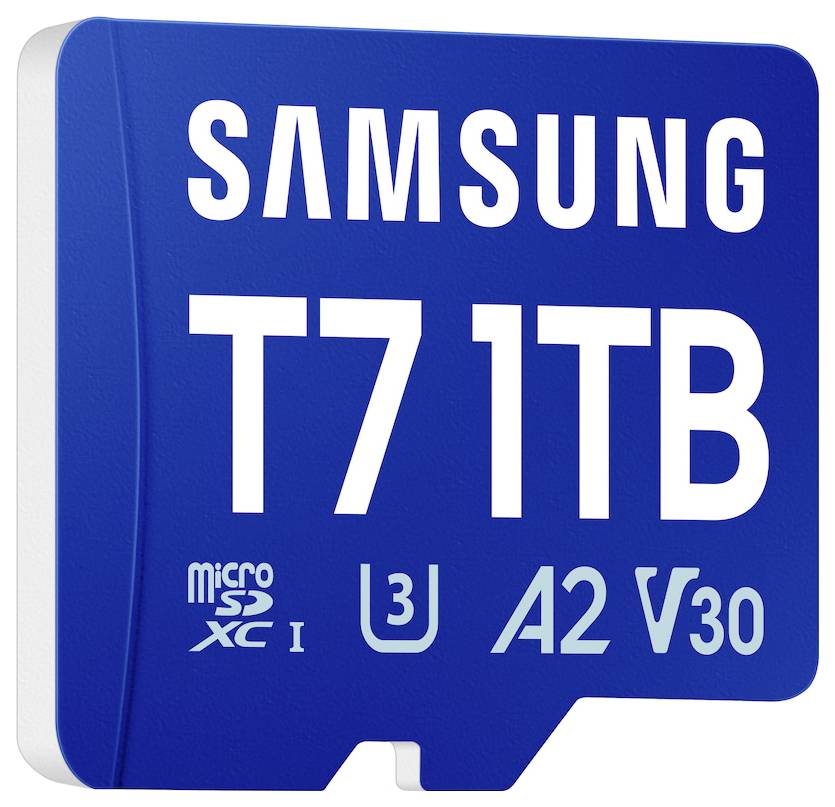 Blaue Samsung 1TB microSD-Karte mit Geschwindigkeitsklassen-Markierungen „U3