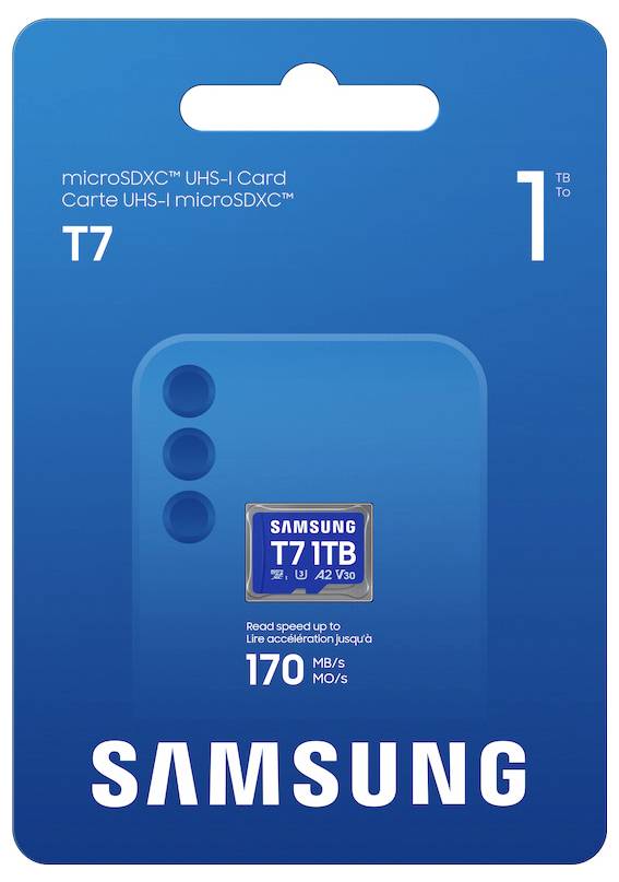 Samsung T7 1TB microSDXC UHS-I Kartensatz in Blau mit Geschwindigkeitsangabe von „170 MB/s
