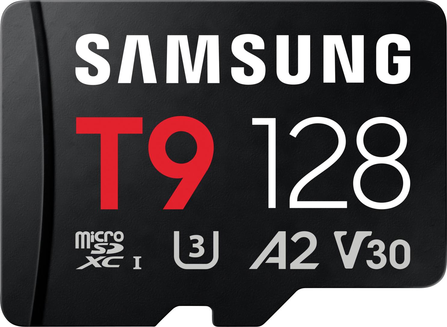 Samsung T9 128 GB microSD-Karte mit U3-, A2- und V30-Geschwindigkeitszertifizierungen.