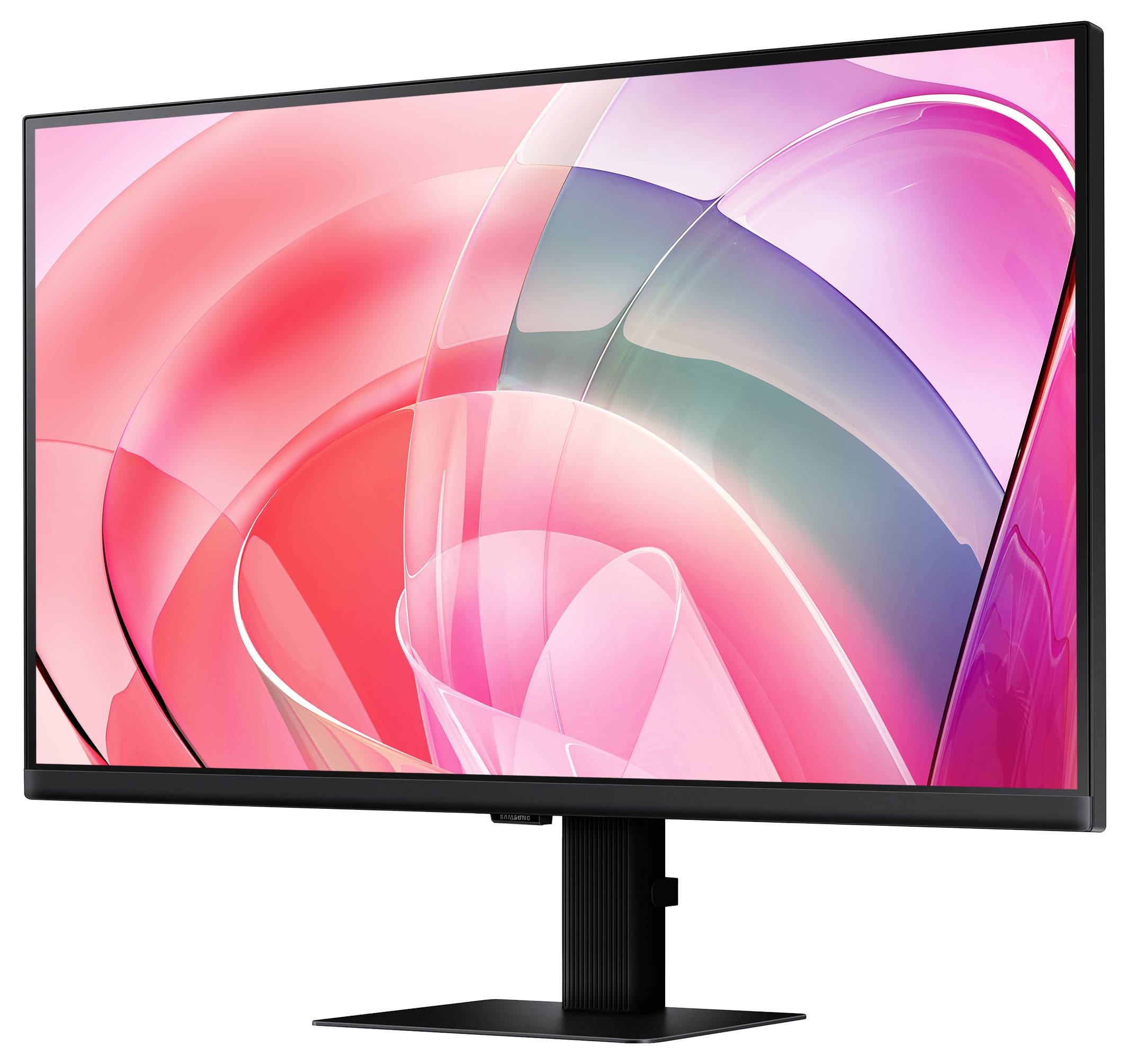 Schwarzumrandeter Monitor auf einem Ständer, der eine abstrakte Tapete in Rosa, Rot und Blaugrün anzeigt.