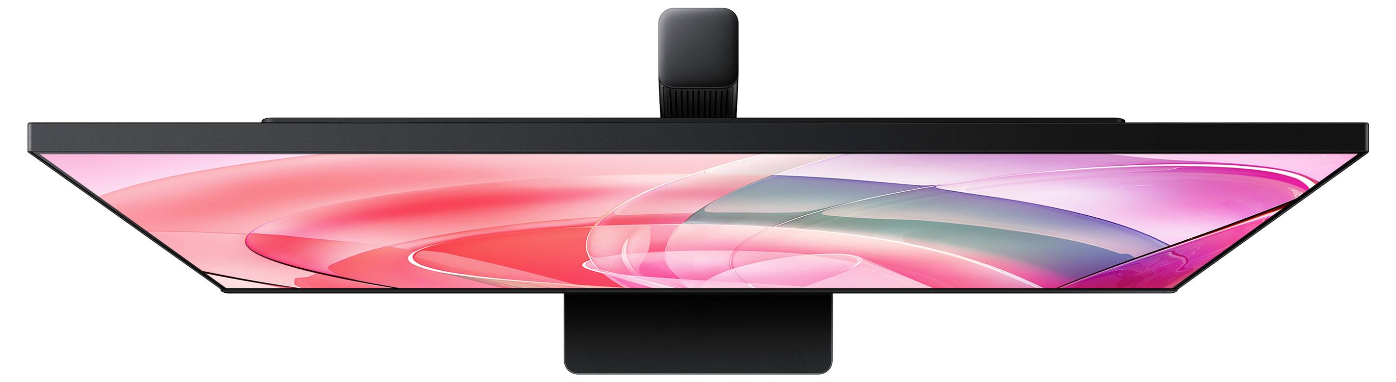 Seitenansicht eines Flachbildschirm-Monitors mit pinkem abstraktem Display, dargestellt mit einem zentralen Ständer.
