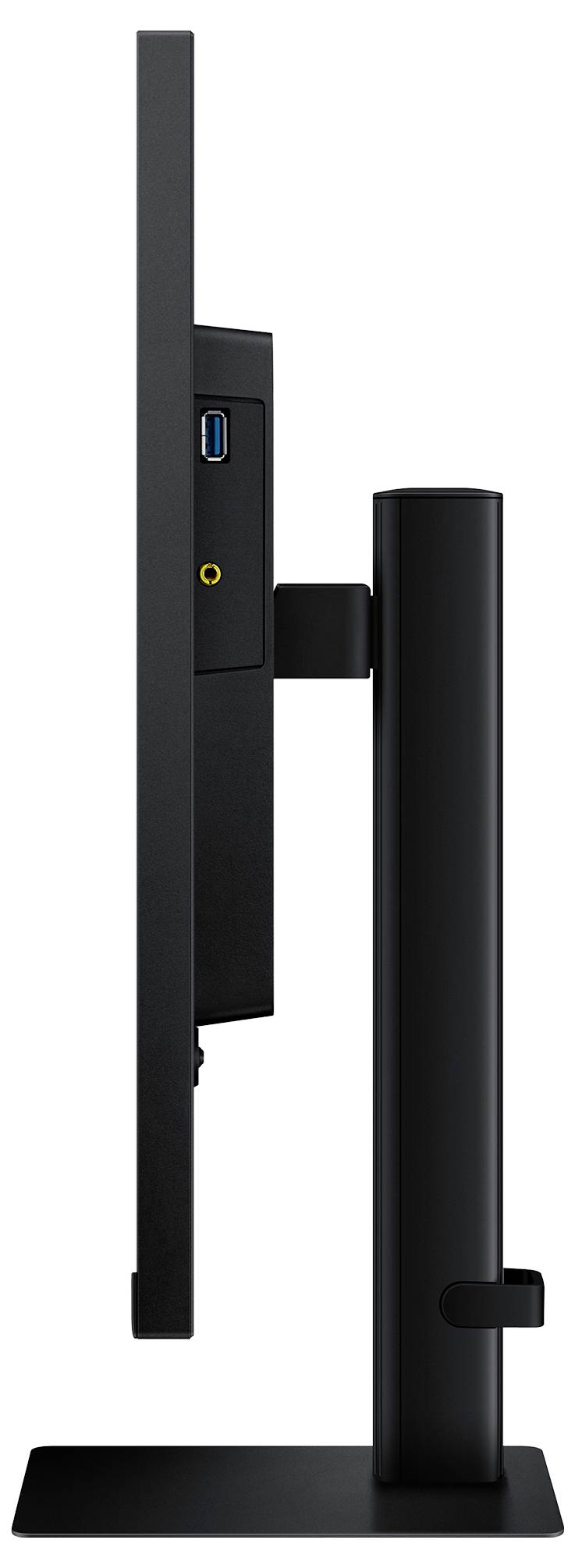 Seitenansicht eines schwarzen Flachbildschirm-Monitors auf einem Ständer, wobei ein USB-Anschluss und eine Kopfhörerbuchse auf der Rückseite sichtbar sind.