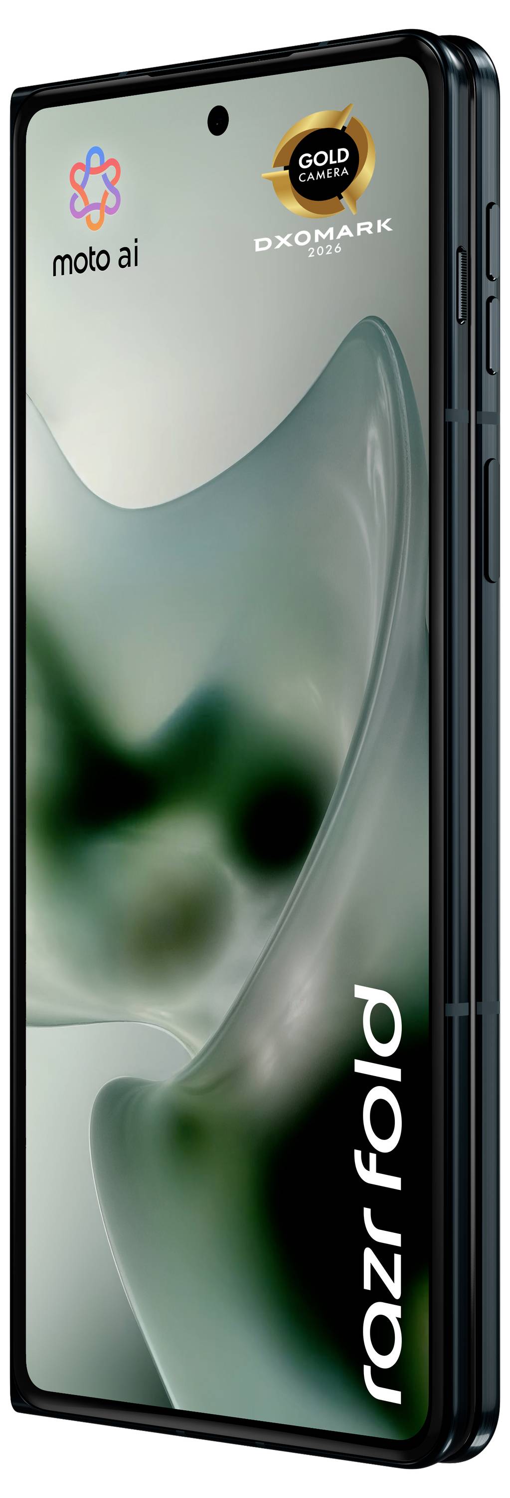 Motorola Razr Faltbares Smartphone aufgeklappt gezeigt, mit „moto ai