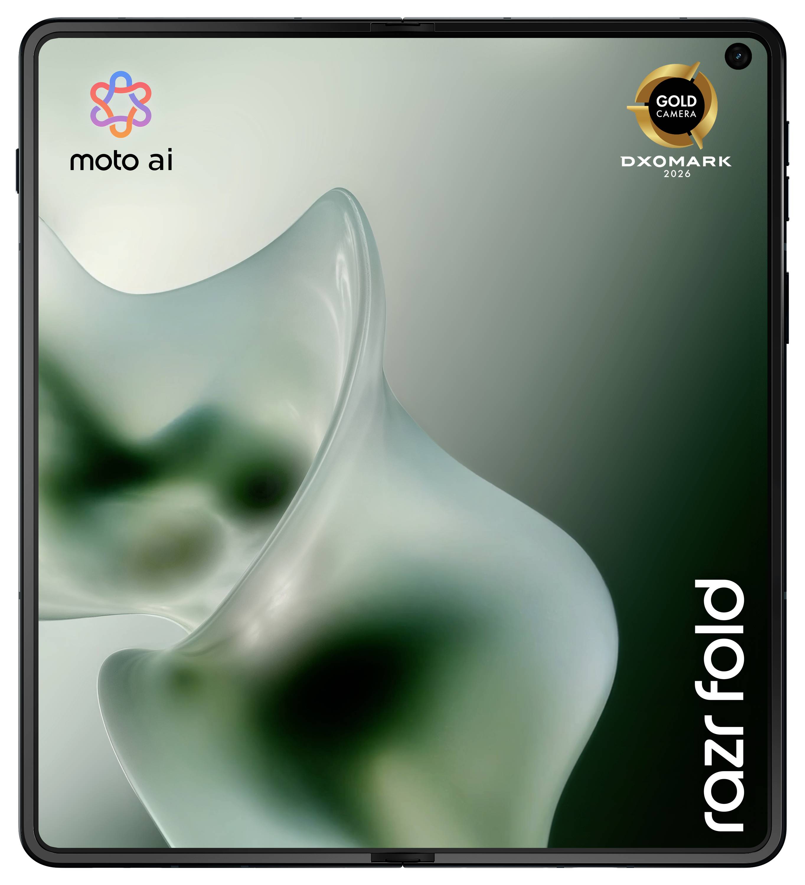 Motorola Razr Fold Smartphone mit Frontdisplay, das abstrakte grüne Tapete zeigt, mit 