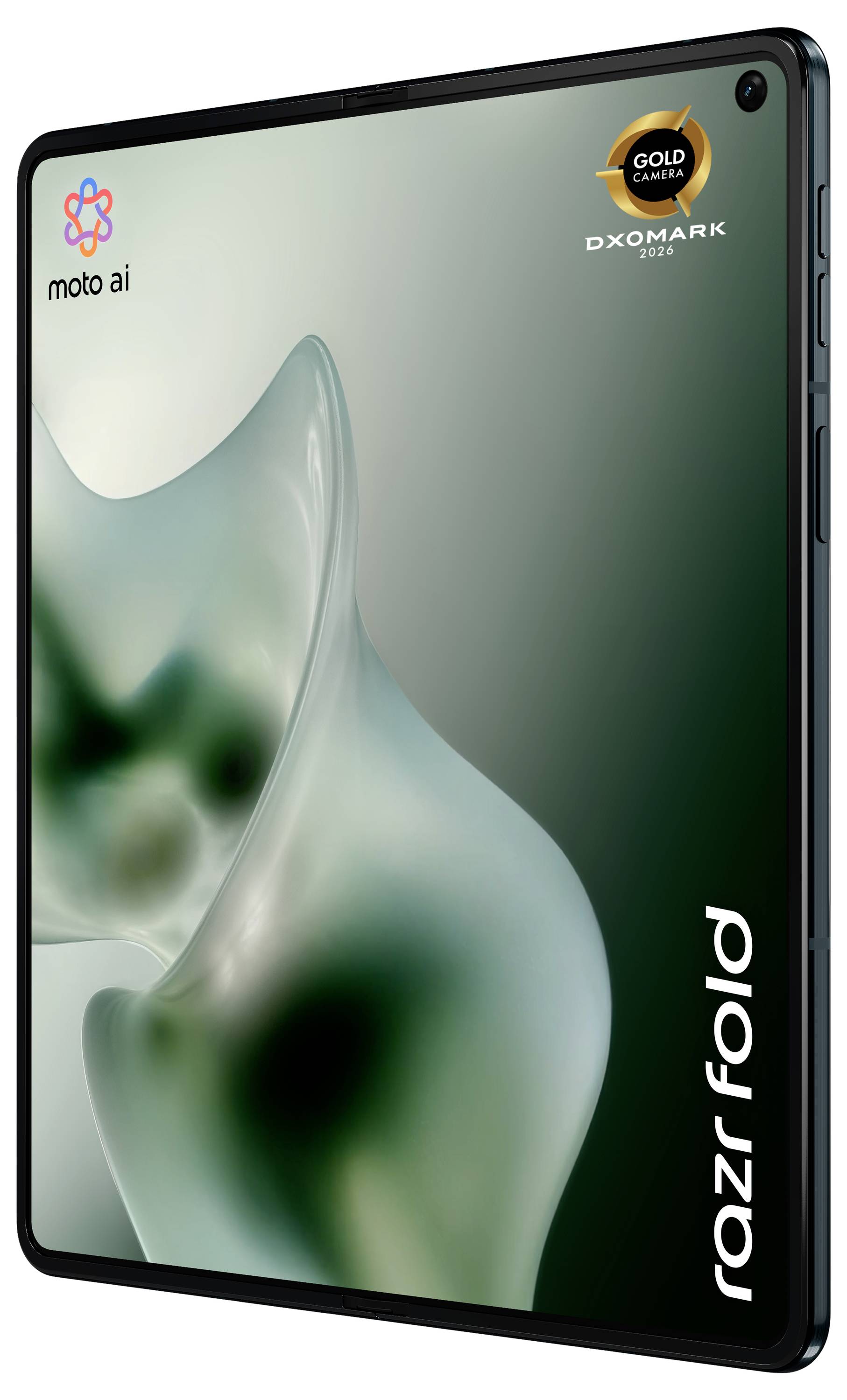 Motorola Razr Fold Telefon geschlossen in einer Winkelansicht dargestellt, mit 