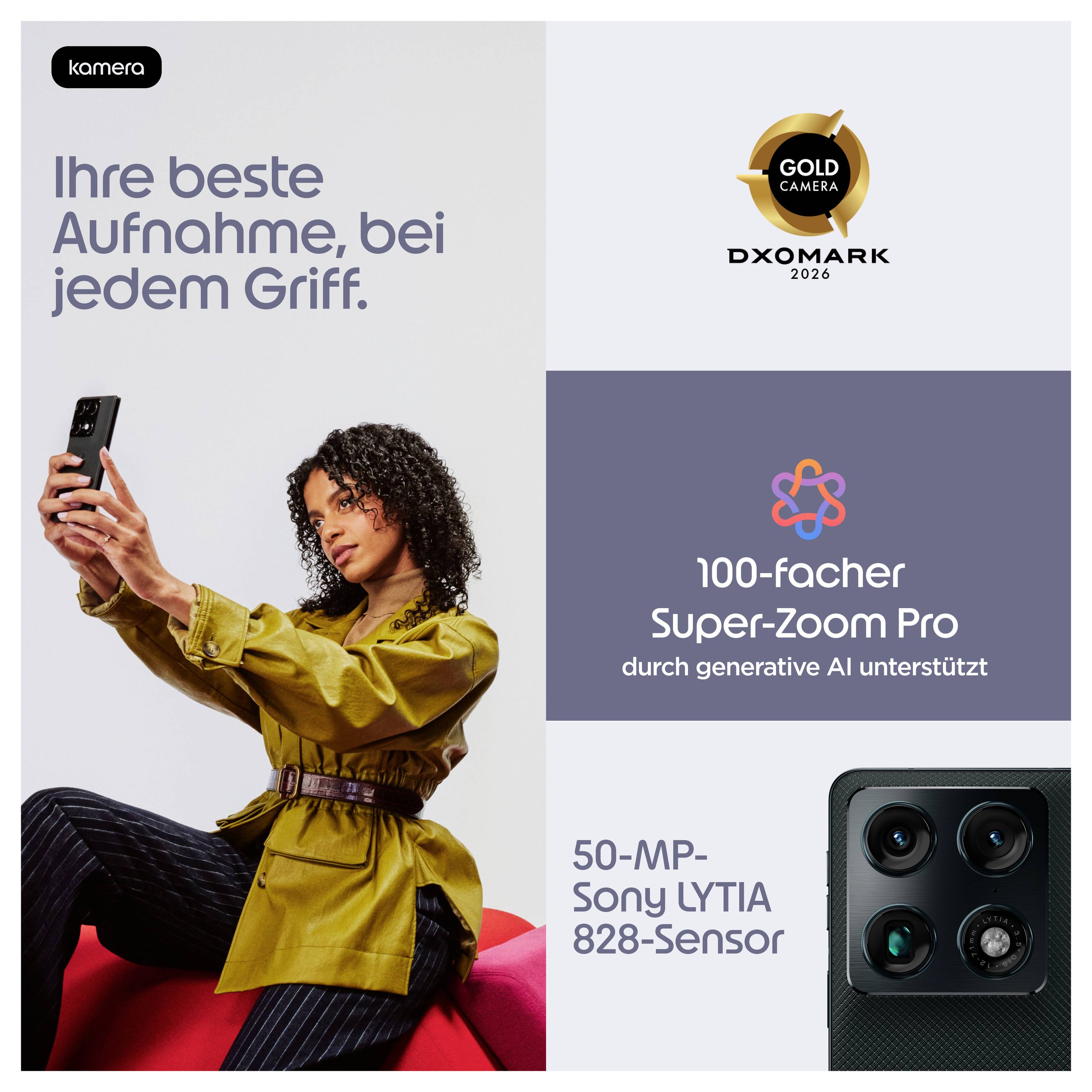 # Deutsche Smartphone-Werbung mit einer Frau, die ein Selfie macht, mit dem Text „Ihre beste Aufnahme, bei jedem Griff.