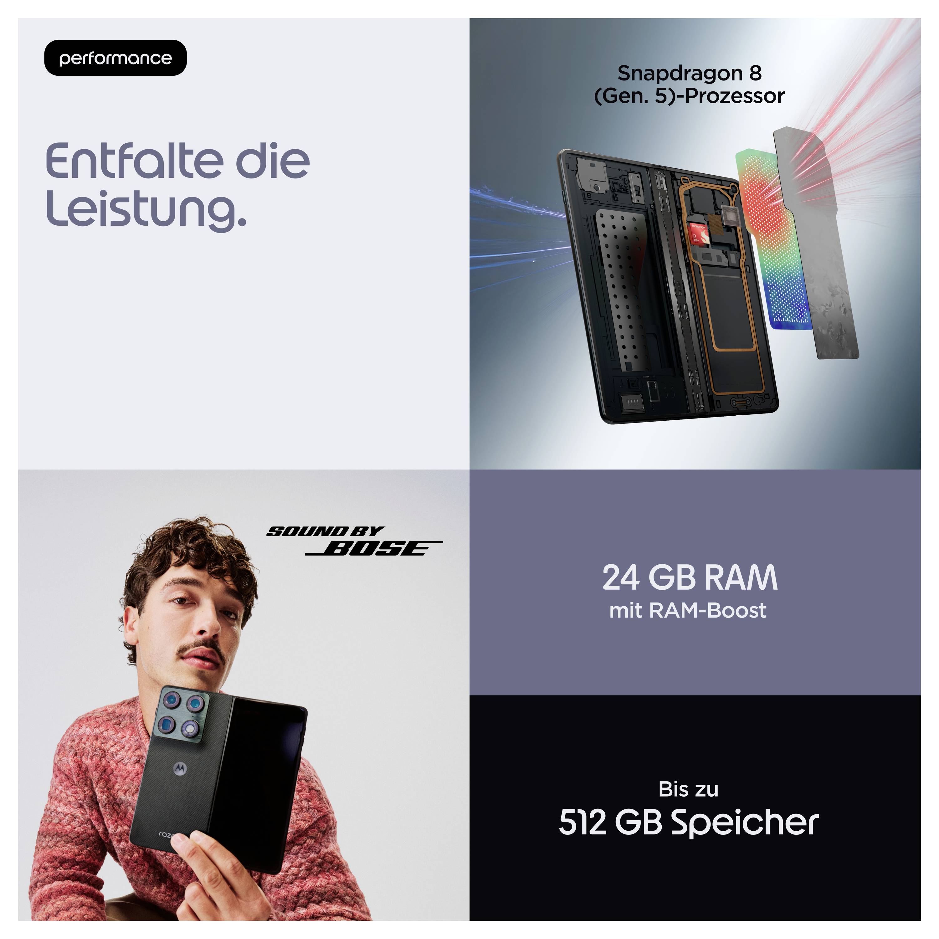 Telefon-Anzeige mit Leistungsfokus: Snapdragon 8 Gen 5 Prozessor, 24 GB RAM mit RAM-Boost, bis zu 512 GB Speicher und „Sound by Bose