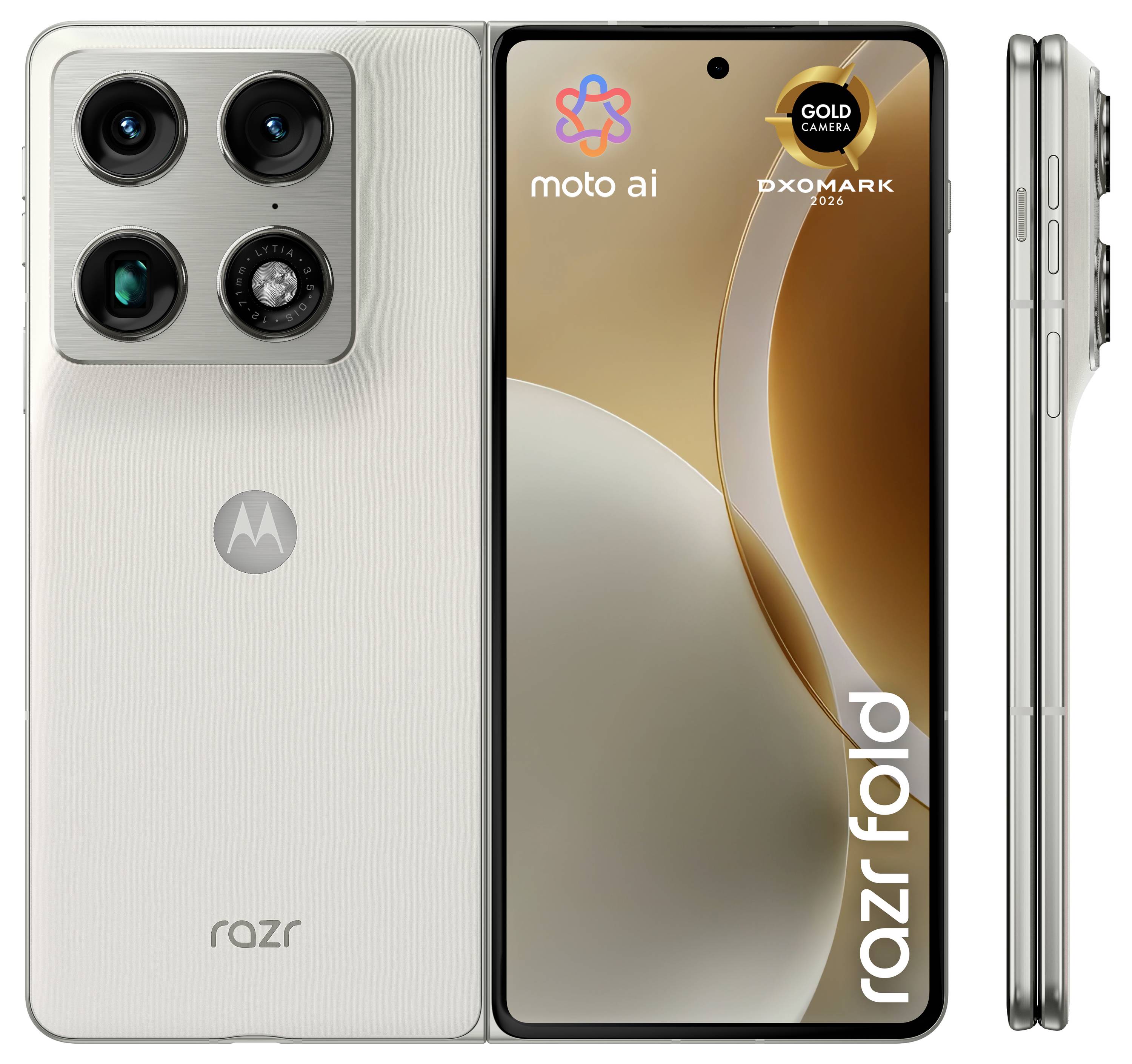 Motorola Razr Falthandy von vorne, hinten und von der Seite in Beige gezeigt, mit dreifachem Kamera-Rückenmodul und 
