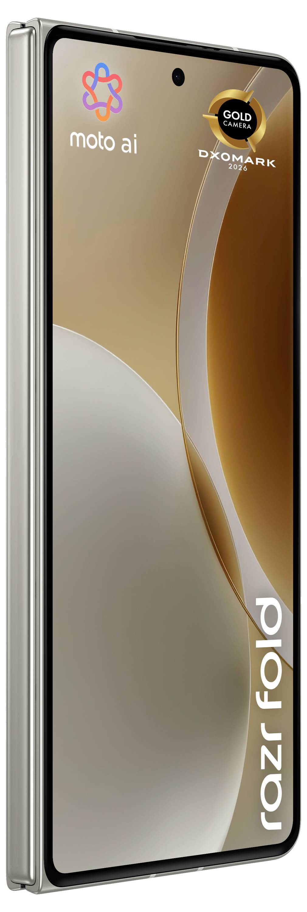 Motorola Razr Faltbares Smartphone offen gezeigt, Goldfinish, mit „moto ai