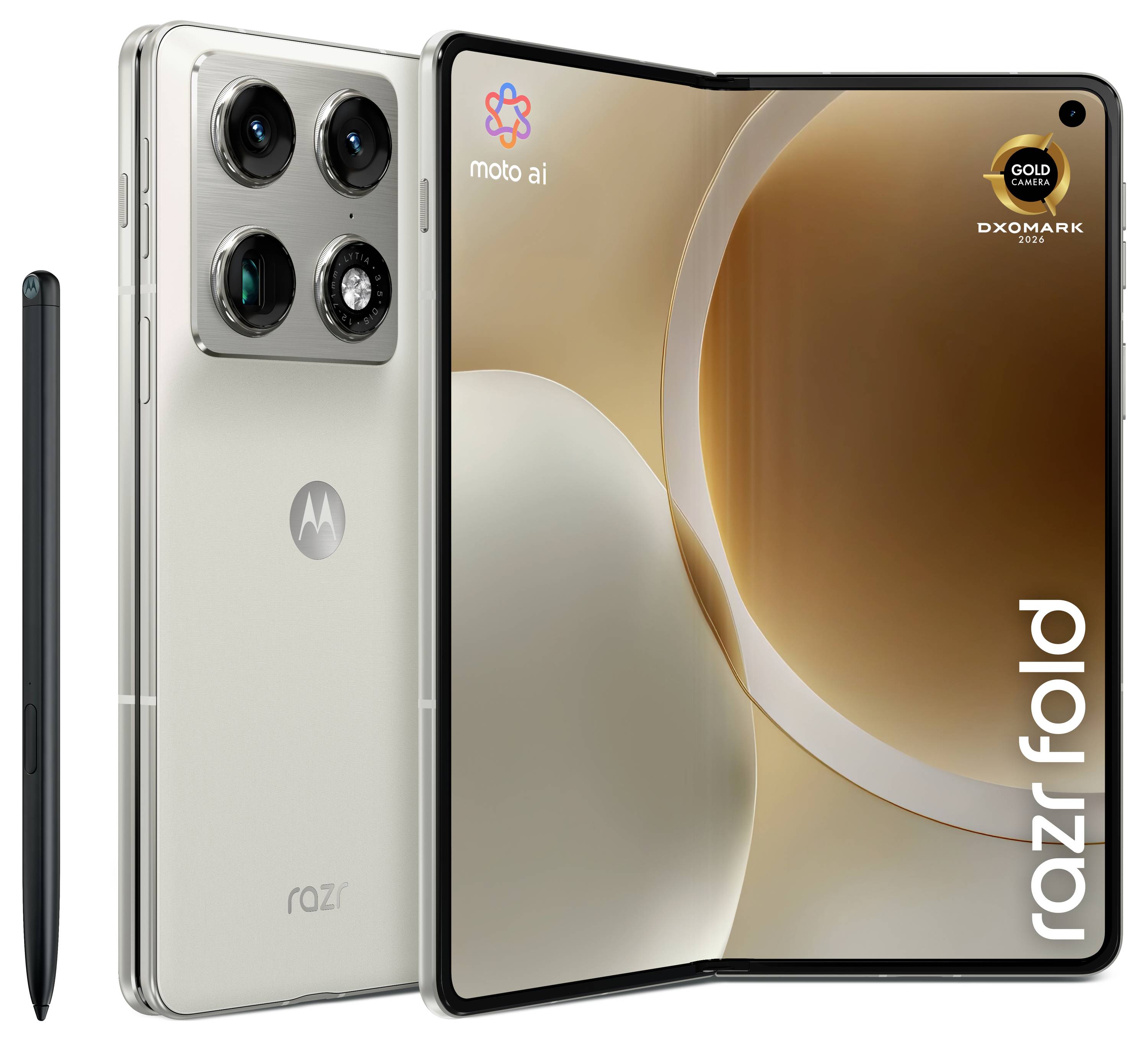 Faltbares Motorola Razr-Telefon geöffnet, Vorder- und Rückansichten; Display zeigt 'moto ai', 'GOLD CAMERA' und 'razr fold' Branding.