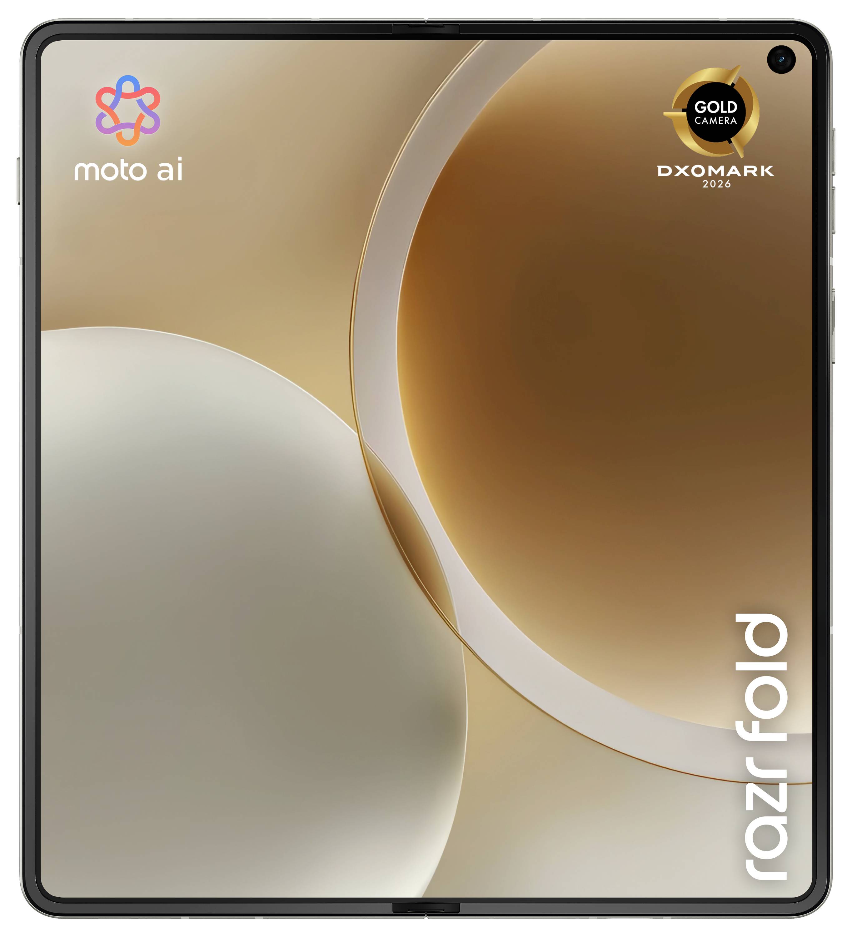 Motorola Razr Fold Smartphone mit Frontdisplay, Moto AI Branding und DXOMARK Gold Camera Badge, zeigt beige abstrakte Tapete.