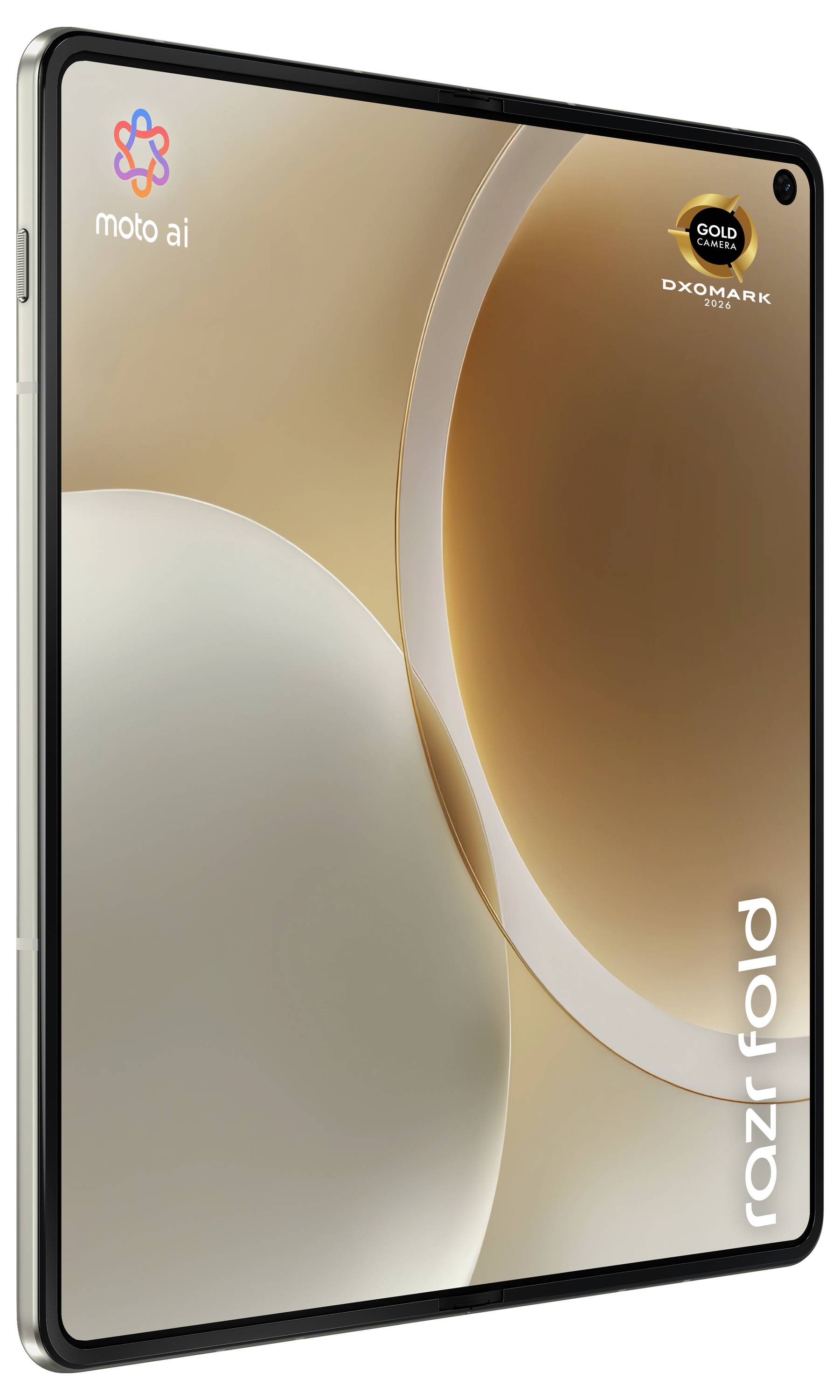 Motorola Razr Smartphone-Klappgerät geöffnet mit großem internem Display, Rückansicht mit Quad-Kamera-Modul und einem Stift daneben.