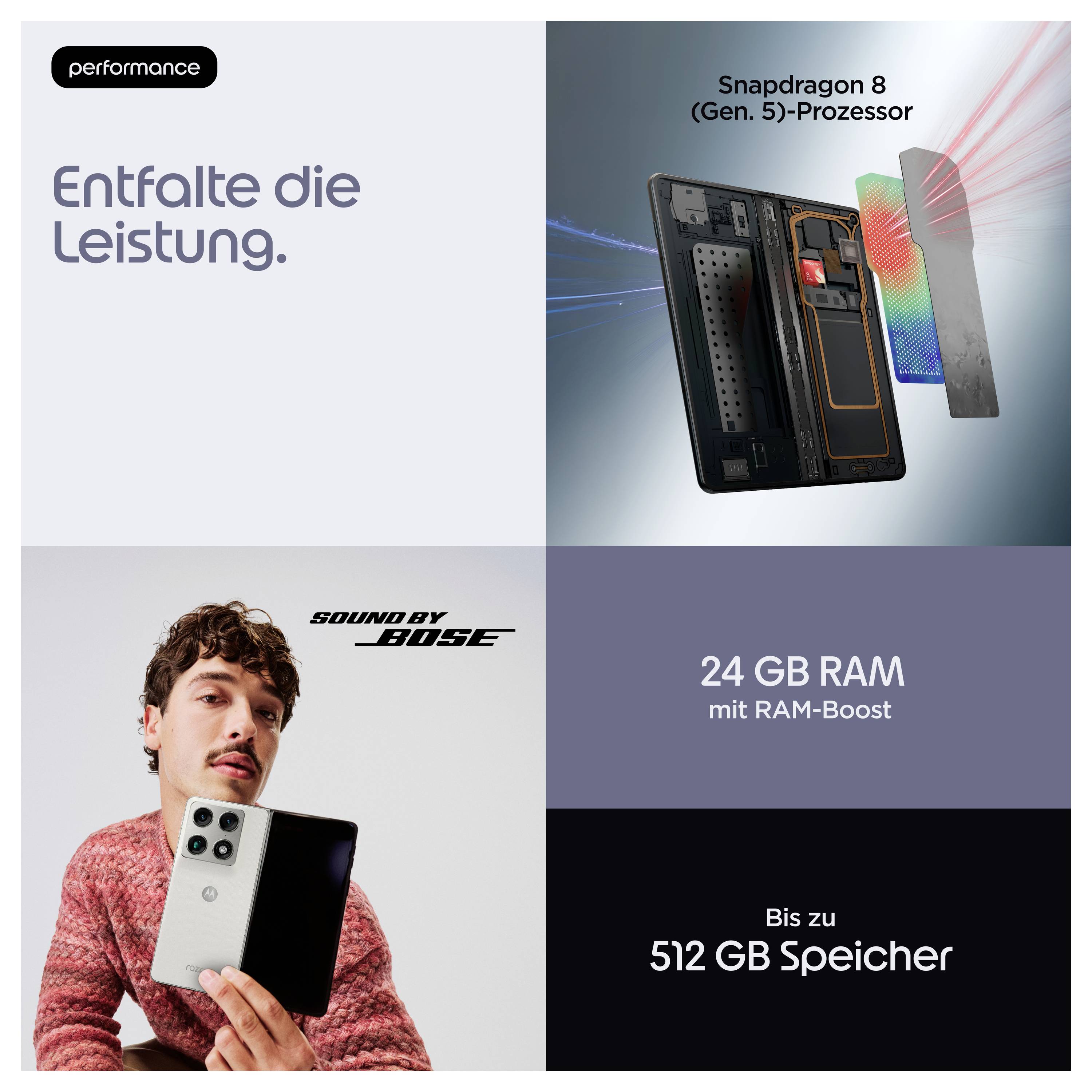 Entfalte die LeistungSnapdragon 8 Gen. 5 Prozessor24 GB RAM mit RAM-BoostSpeicher bis zu 512 GBSound by Bose