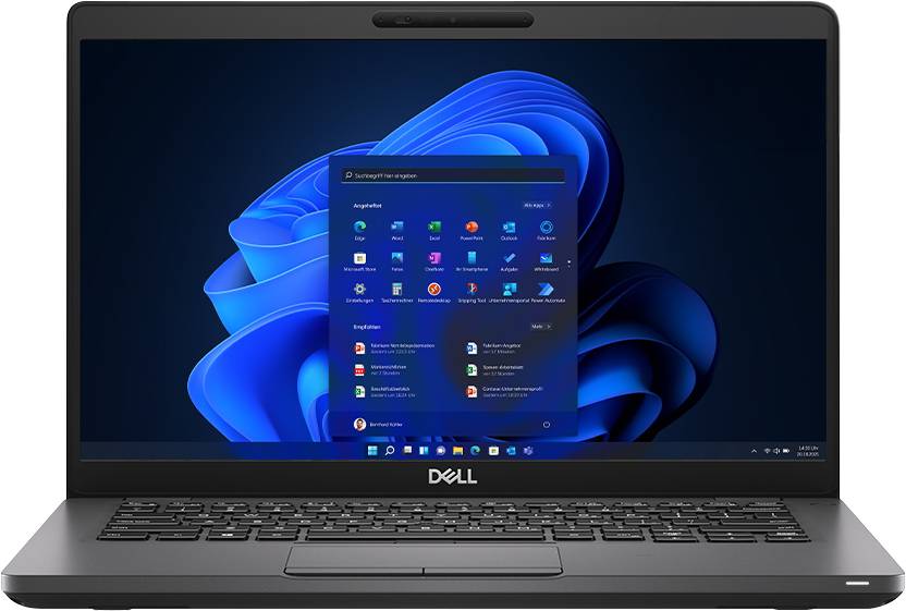 Ein Dell-Laptop zeigt den Windows-11-Desktop mit dem geöffneten Startmenü über einem blauen abstrakten Hintergrundbild an.