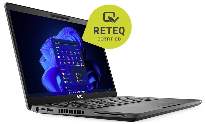 Dell Laptop mit Windows 11 auf dem Bildschirm, in einer Dreiviertelsicht dargestellt, mit einem gelben „RETEQ CERTIFIED