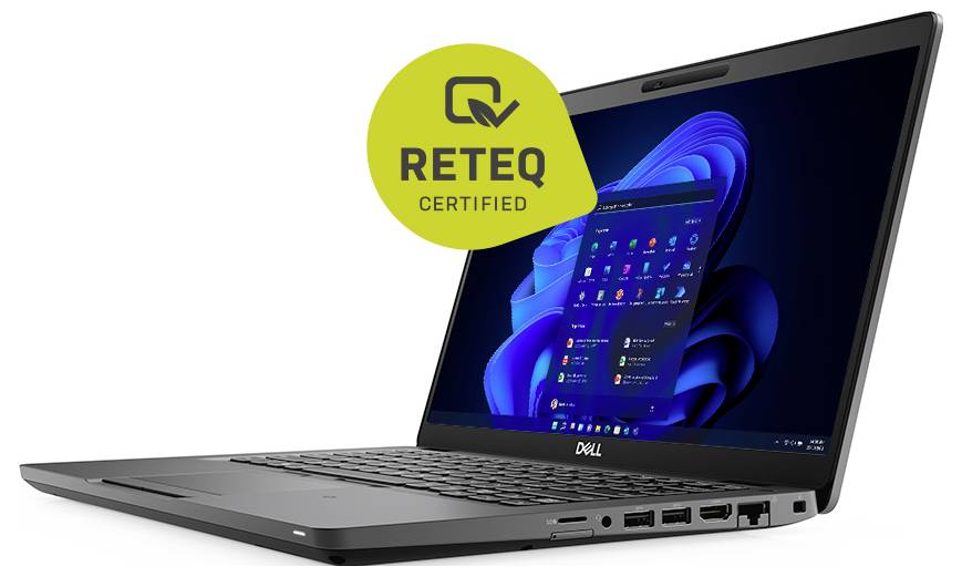 Dell-Laptop auf weißem Hintergrund mit einem gelben Badge 
