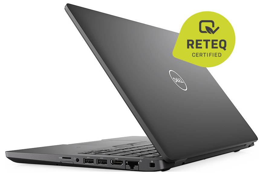 Schwarzer Laptop, teilweise zugeklappt dargestellt, mit gelbem „RETEQ CERTIFIED