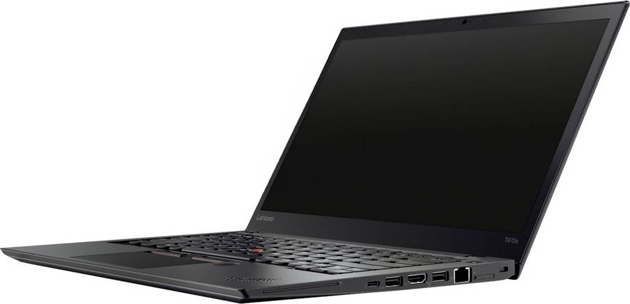 Schwarzer Lenovo ThinkPad Laptop in Seitenansicht geöffnet mit ausgeschaltetem Bildschirm und sichtbarer Tastatur auf weißem Hintergrund
