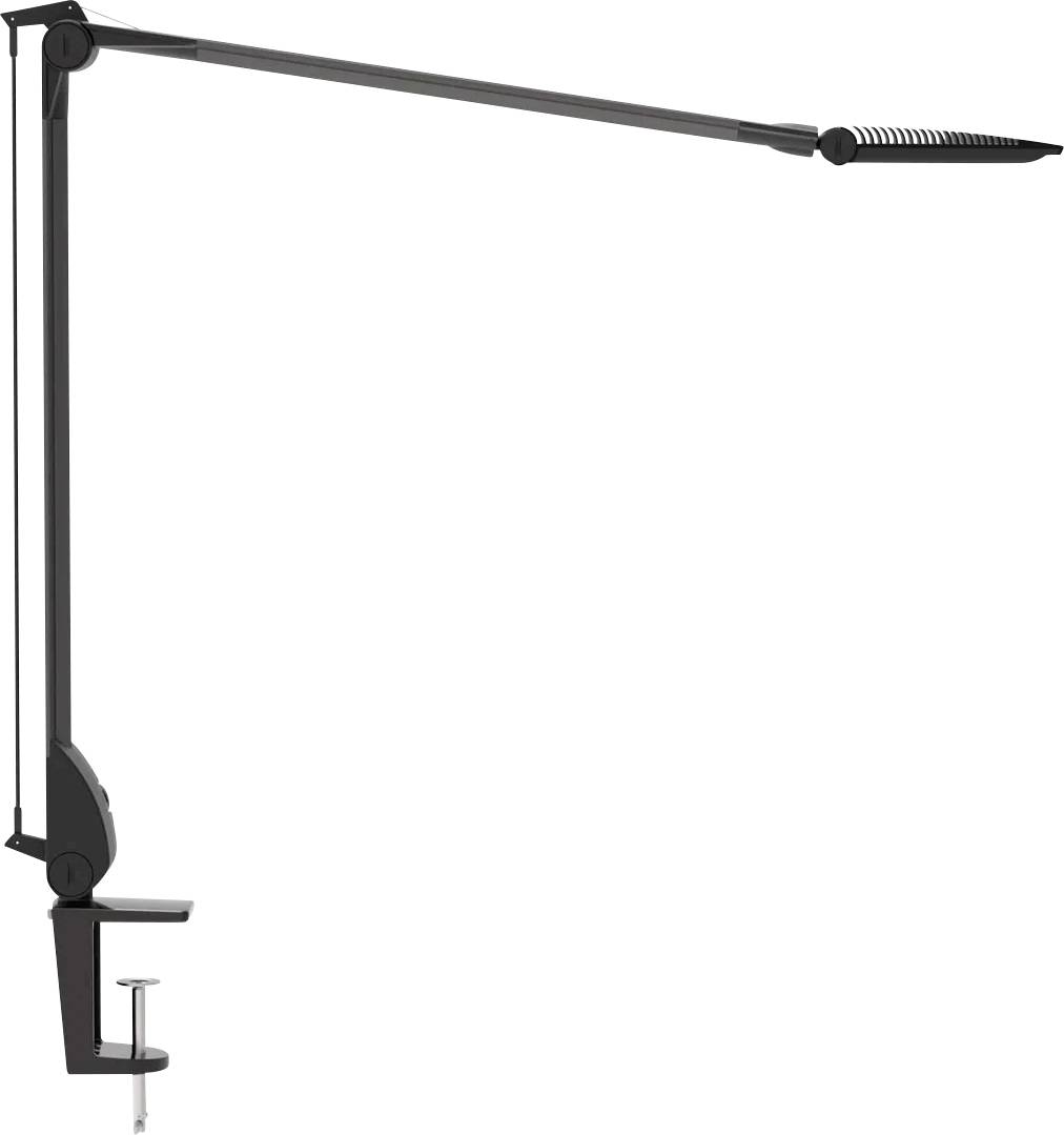 Schwarze verstellbare Schreibtischlampe mit Klemmfuß und lang ausgestrecktem, horizontal ausgefahrenem Gelenkarm