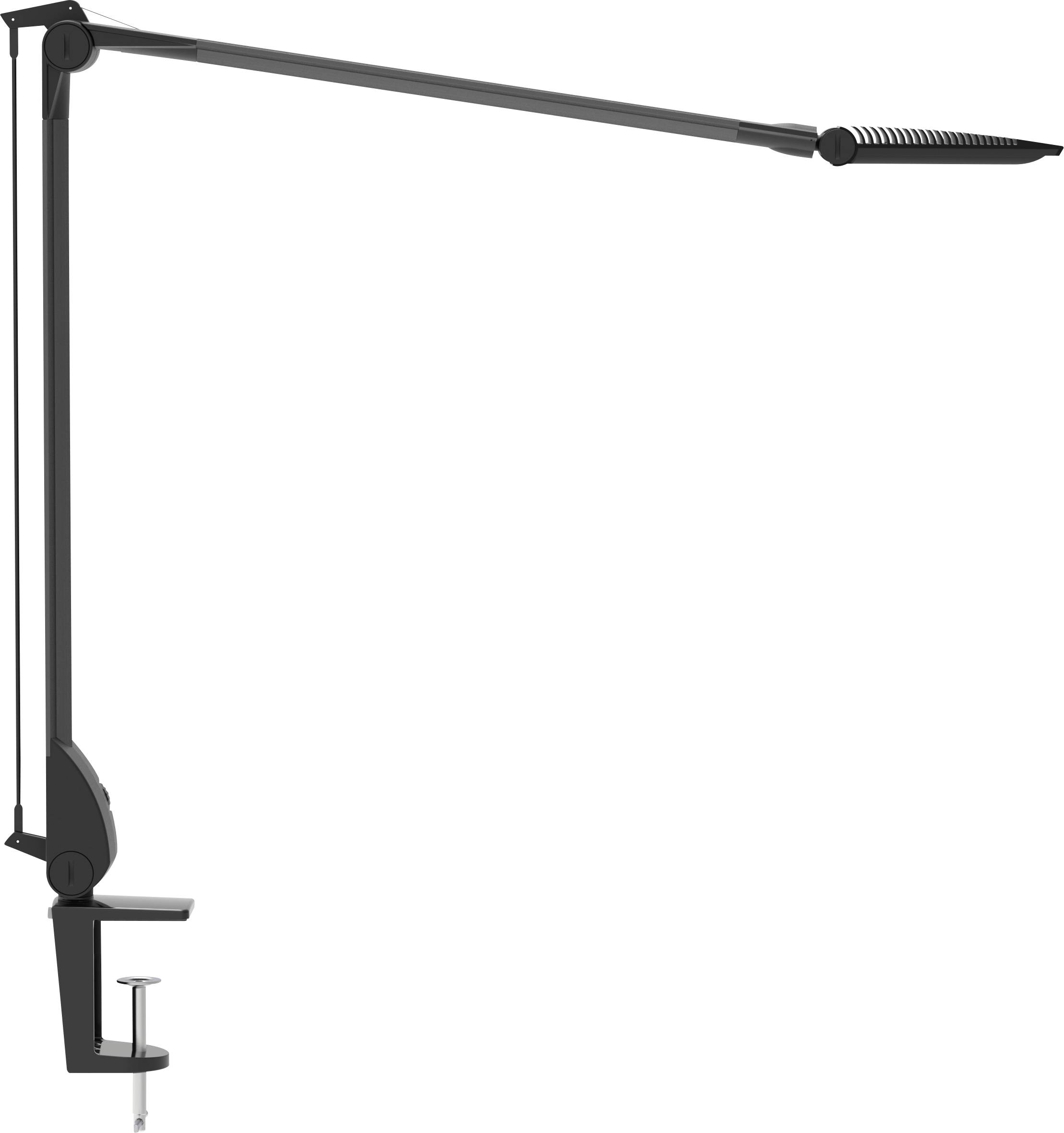 Schwarze gelenkige Schreibtischlampe mit Klemmfuß und langem verstellbarem Arm auf weißem Hintergrund.
