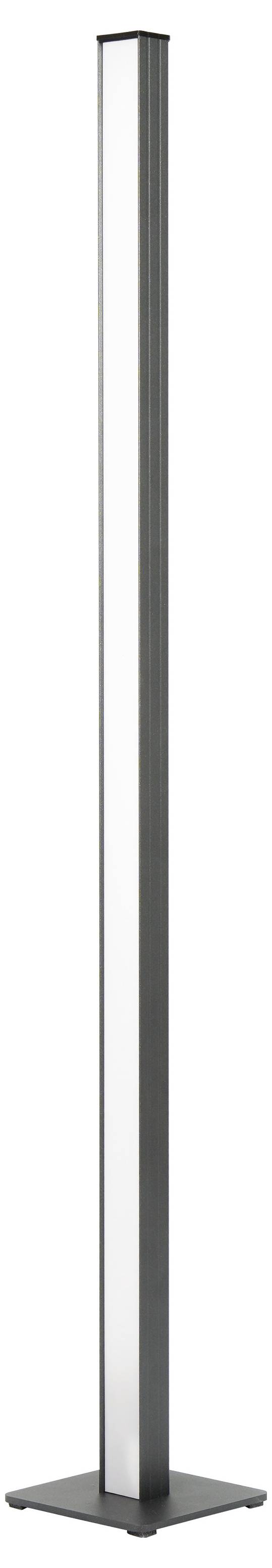 Hohe schwarze Stehlampe mit schlanker rechteckiger Säule und quadratischer Basis auf weißem Hintergrund.