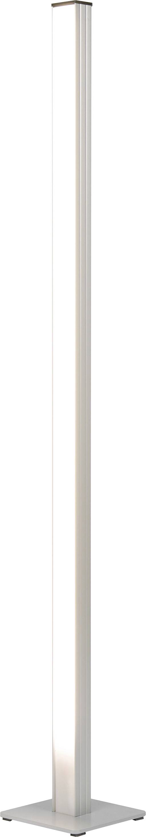 Hohe, schlanke weiße LED-Stehleuchte mit quadratischer Basis auf weißem Hintergrund.