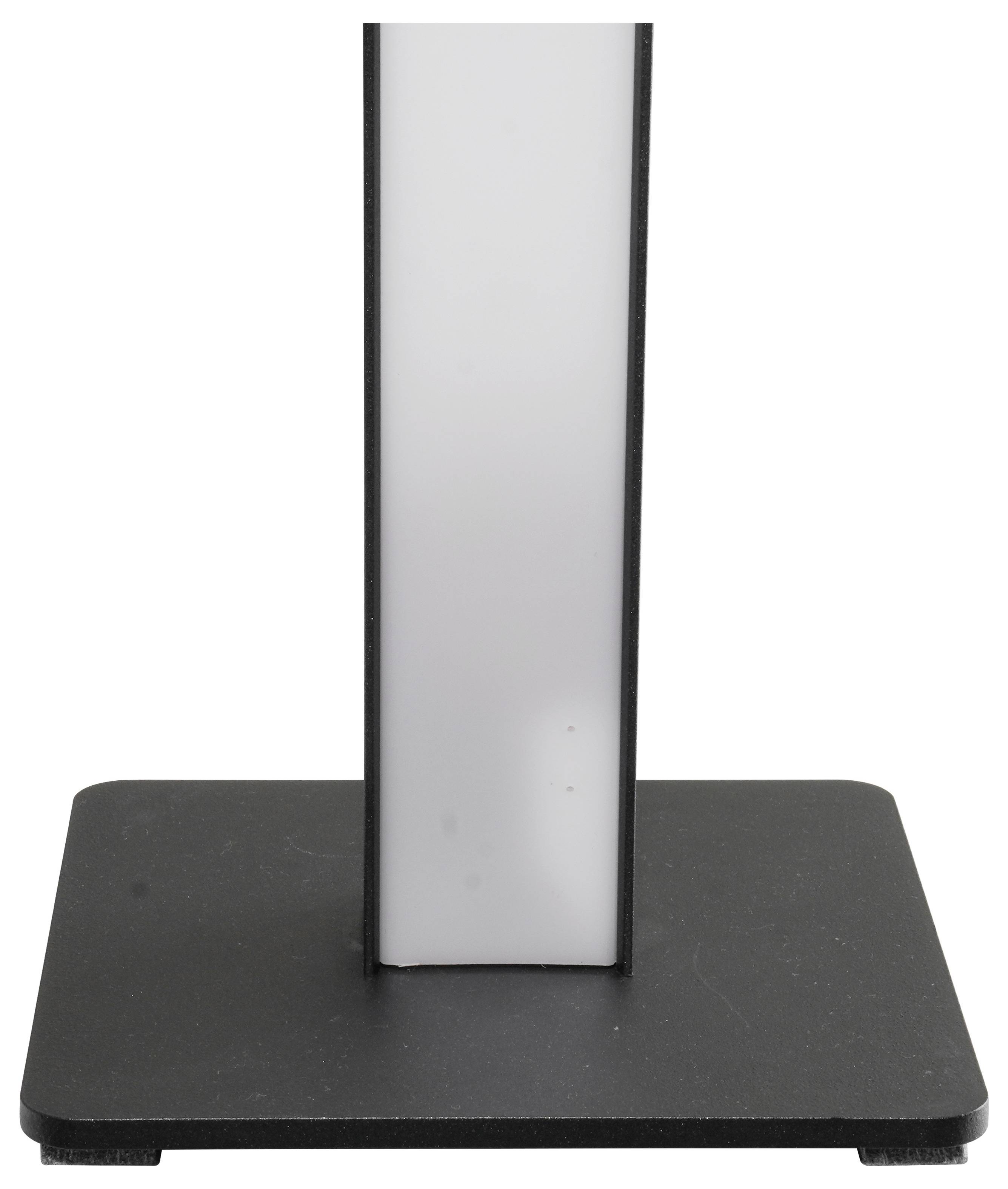 Schwarze rechteckige Basis mit einem hohen weißen vertikalen Panel, das aufrecht in der Mitte steht, ähnlich wie ein freistehendes Schild oder Displayständer.
