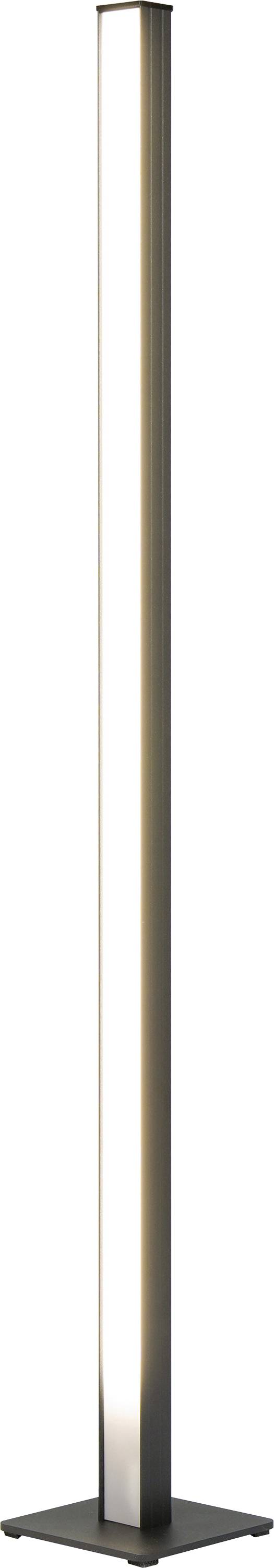 Hohe, schlanke Stehleuchte mit einer rechteckigen beleuchteten Säule auf einem kleinen quadratischen Sockel, gezeigt auf weißem Hintergrund.