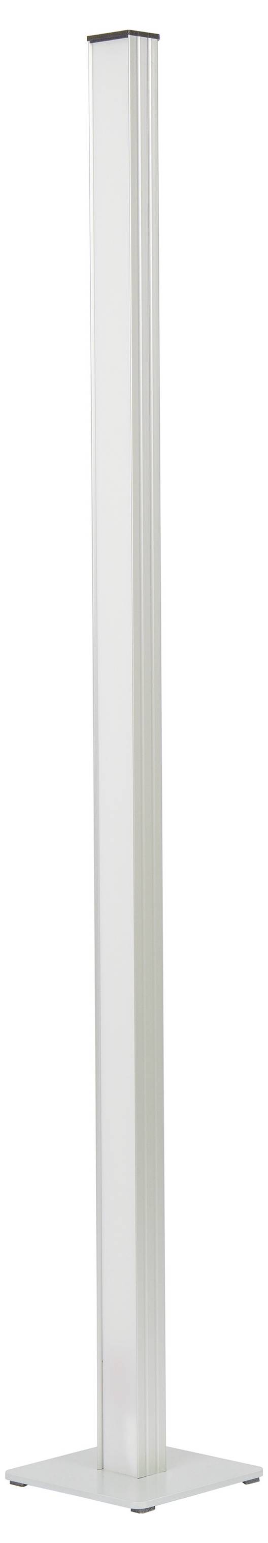 Eine hohe weiße Stehleuchte mit einer schlanken rechteckigen Säule und quadratischer Basis, dargestellt vor einem schlichten weißen Hintergrund.