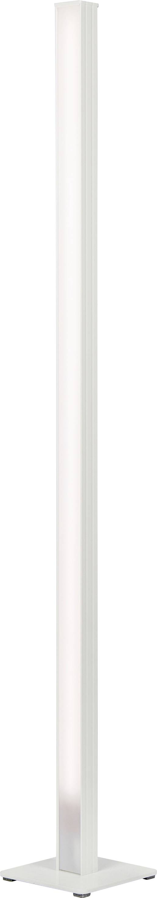 Hohe weiße LED-Stehleuchte mit schlankem rechteckigem Schaft und quadratischer Basis auf weißem Hintergrund.