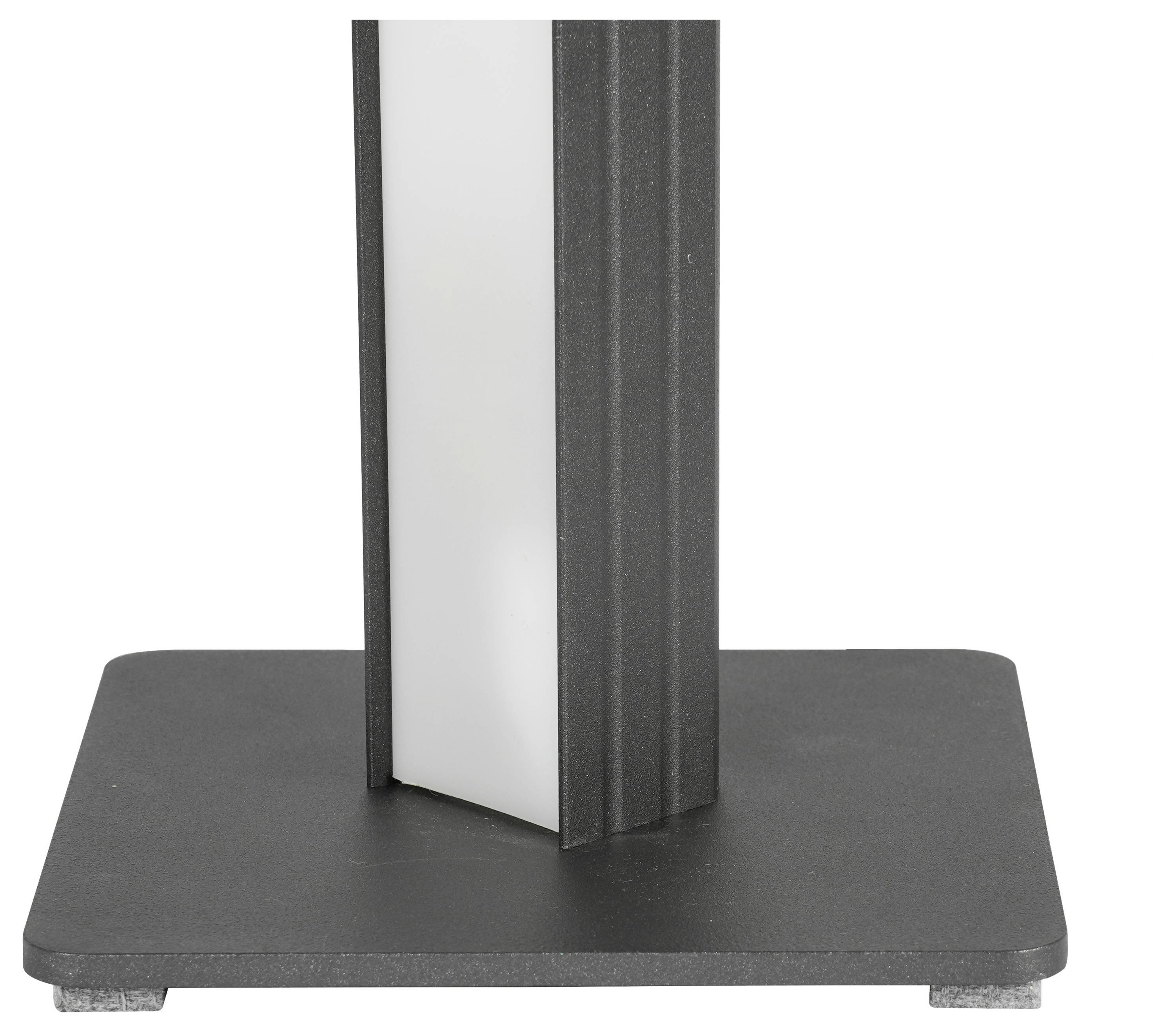 Nahaufnahme eines schwarzen Metallschildständers mit einem vertikalen Stützpfosten auf weißem Hintergrund.