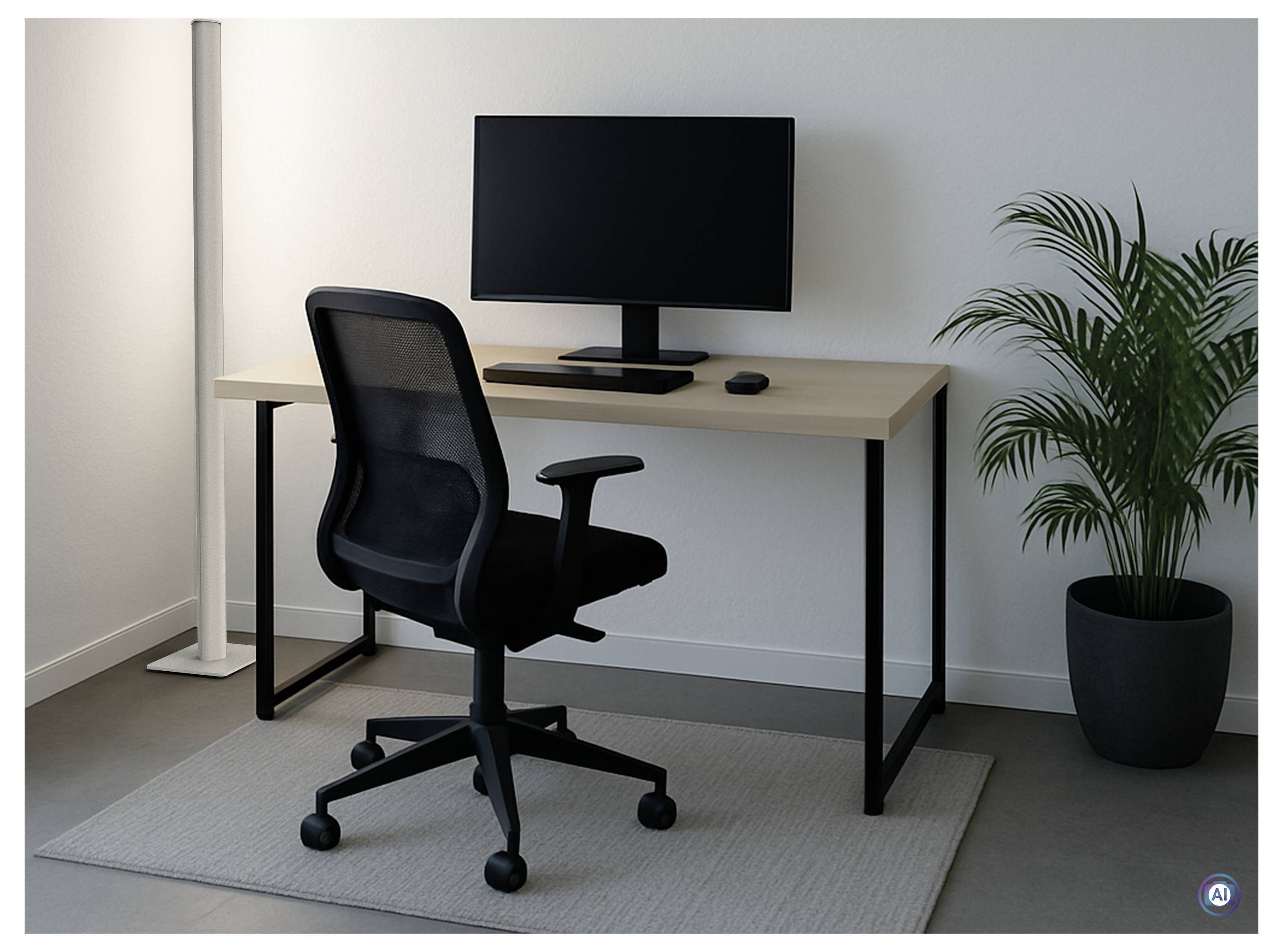 Minimales Homeoffice mit schwarzem Schreibtisch, Monitor, Stuhl, Stehlampe und Topfpflanze auf einem Teppich.