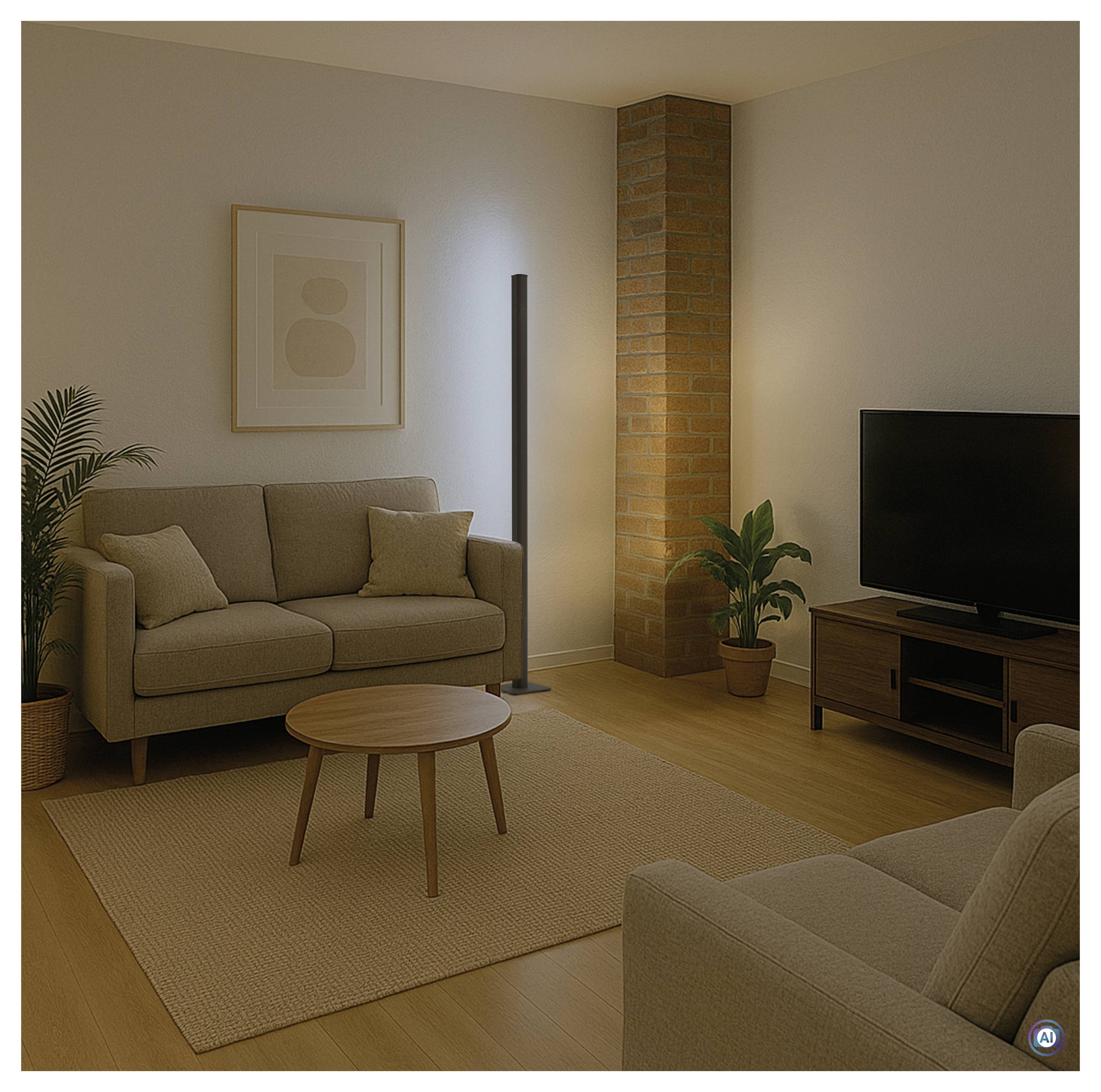 Gemütliches Wohnzimmer mit beigem Sofa, Couchtisch, Fernseher, Stehlampe, Topfpflanzen und Backsteinpfeiler in warmer Beleuchtung.