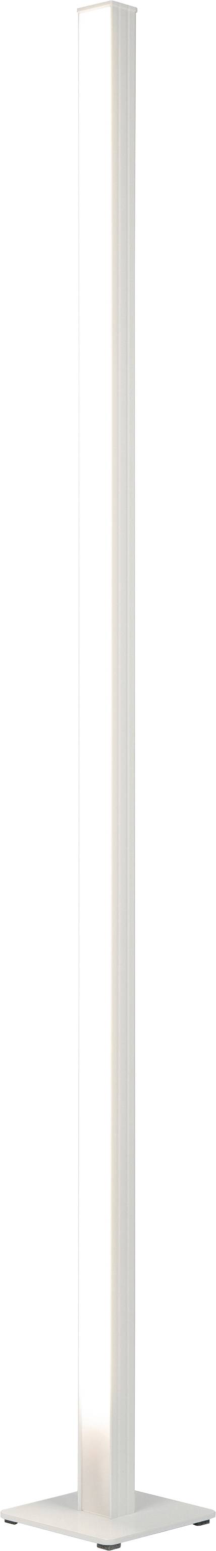 Hohe weiße LED-Stehleuchte mit schlanker rechteckiger Lichtsäule auf kleiner quadratischer Basis vor einfachem Hintergrund