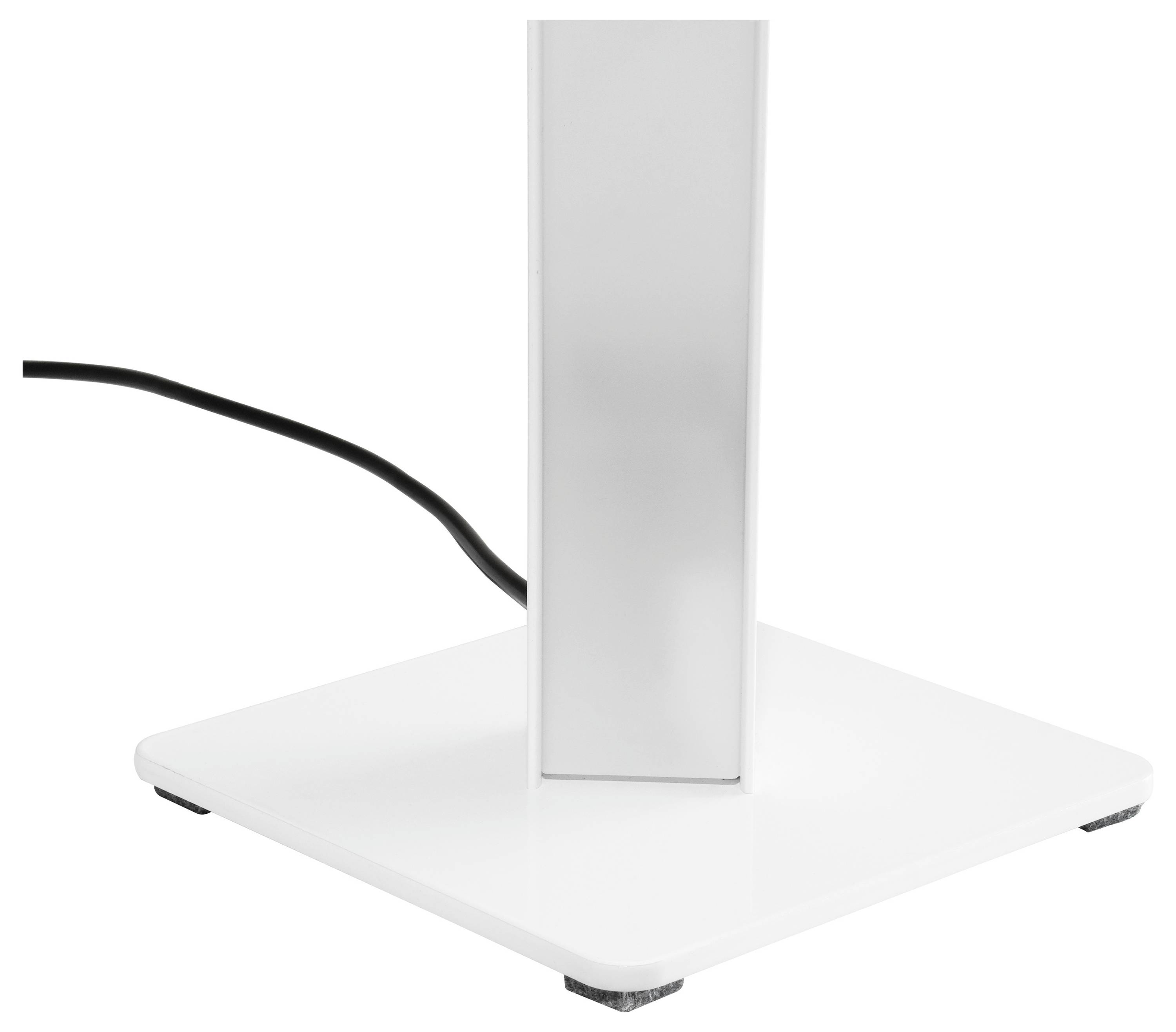 Weiße quadratische Basis mit einer vertikalen Metallstütze und einem schwarzen Kabel, wahrscheinlich die Basis eines Geräts oder einer Halterung.