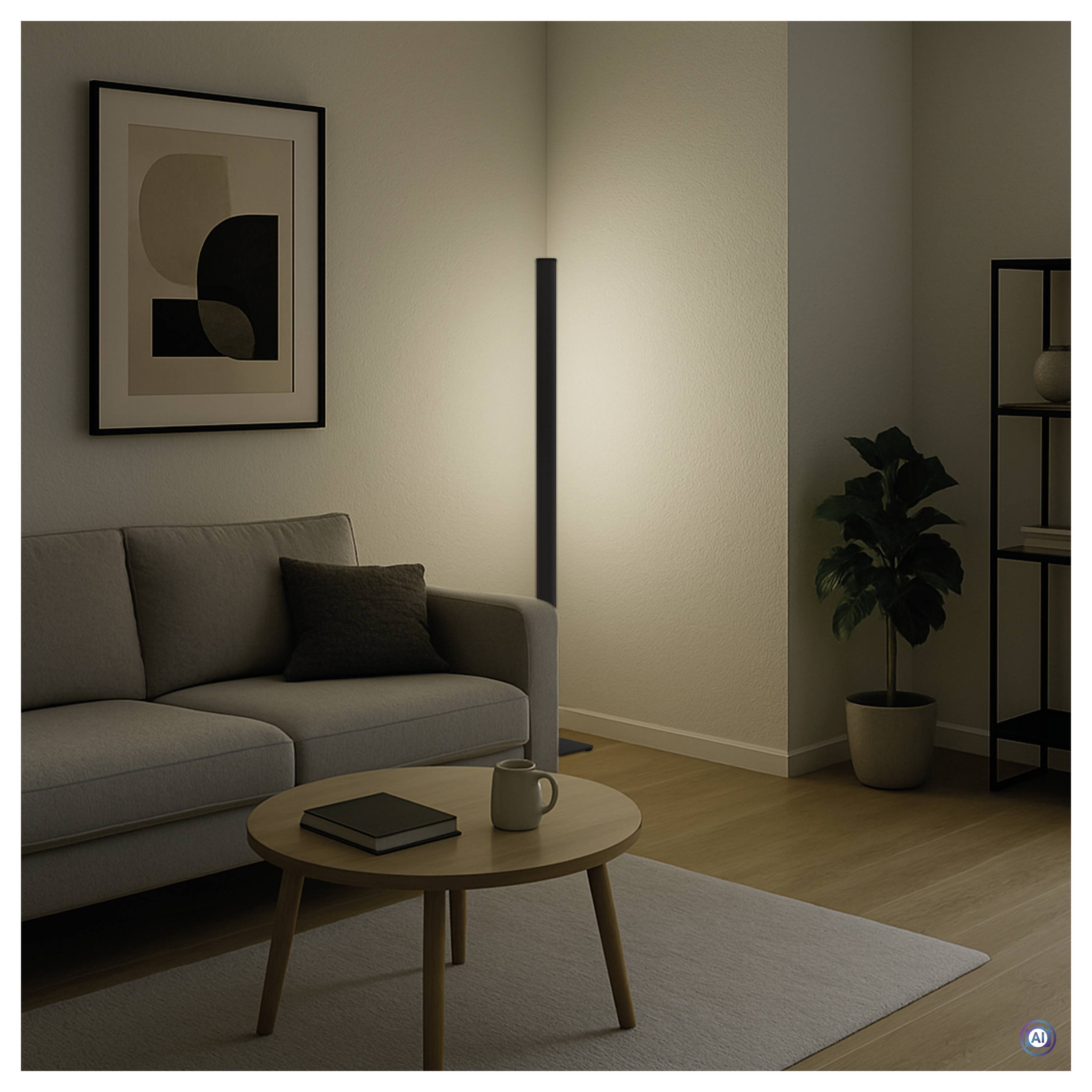 Modernes Wohnzimmer mit grauem Sofa, Couchtisch, Stehleuchte, Wandkunst, Topfpflanze und Regalen in warmer Umgebungsbeleuchtung.