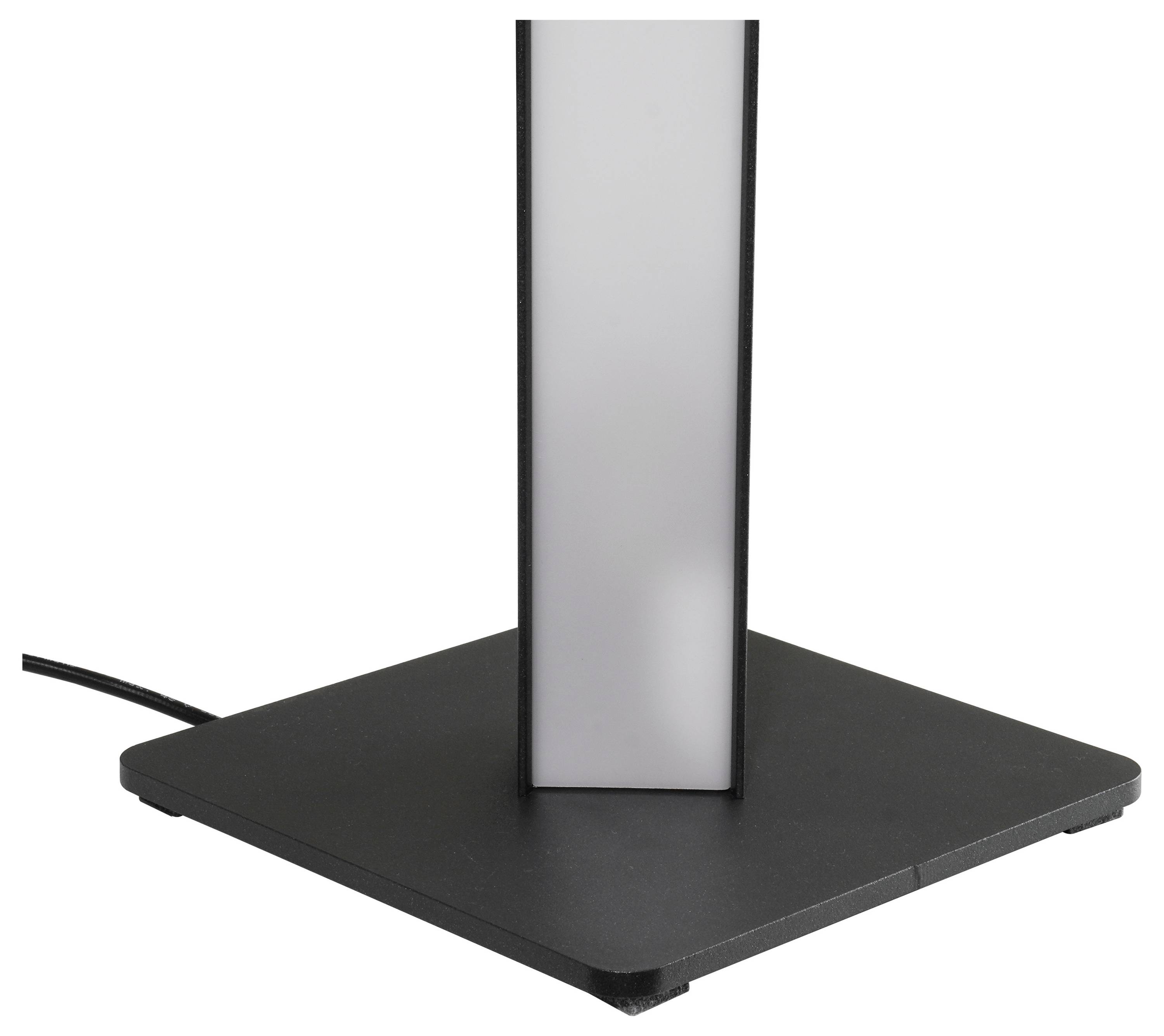 Eine moderne Tischlampe mit quadratischer schwarzer Basis und einem hohen rechteckigen Lichtpaneel, vor weißem Hintergrund dargestellt.