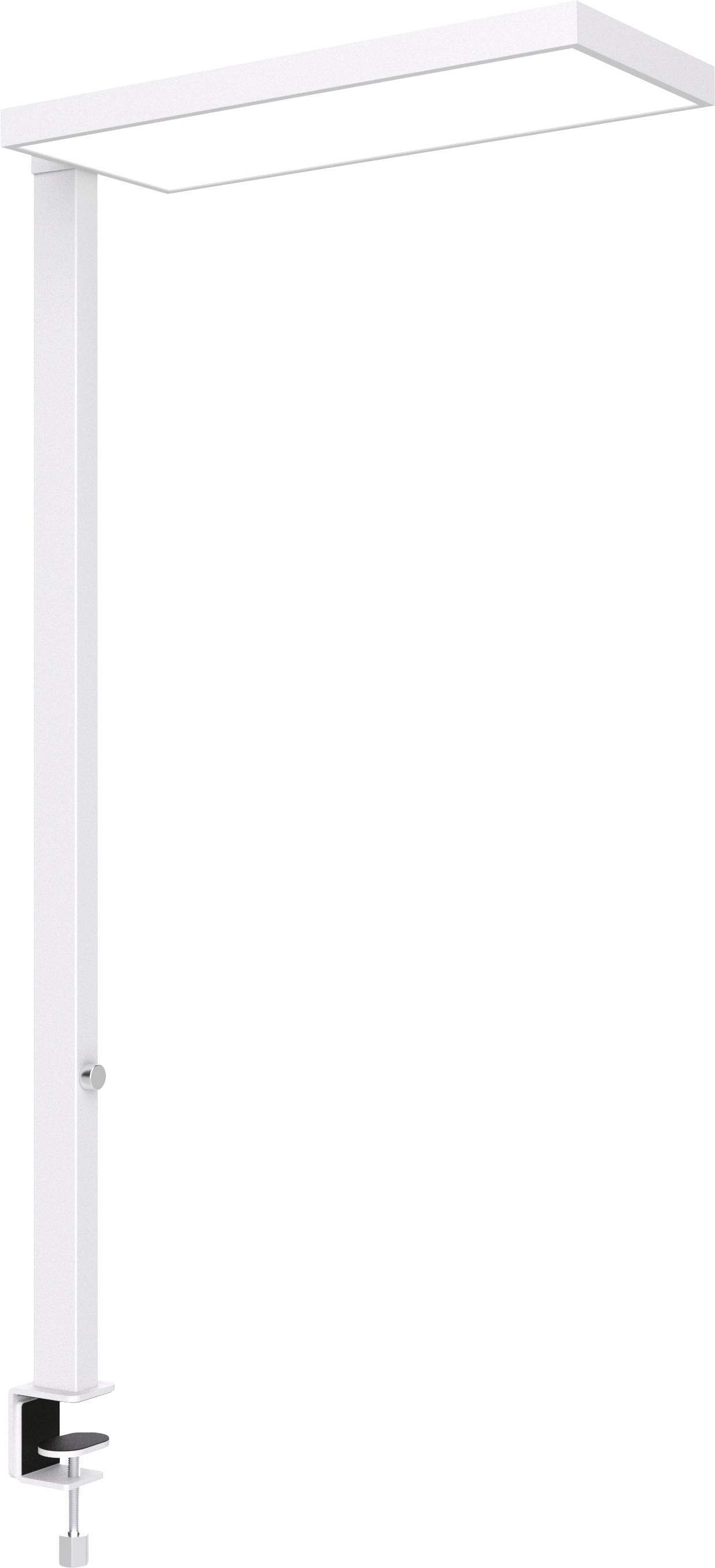 Weiße verstellbare Schreibtischlampe mit länglichem rechteckigem Kopf und Klemmfuß, isoliert auf einfachem Hintergrund dargestellt.