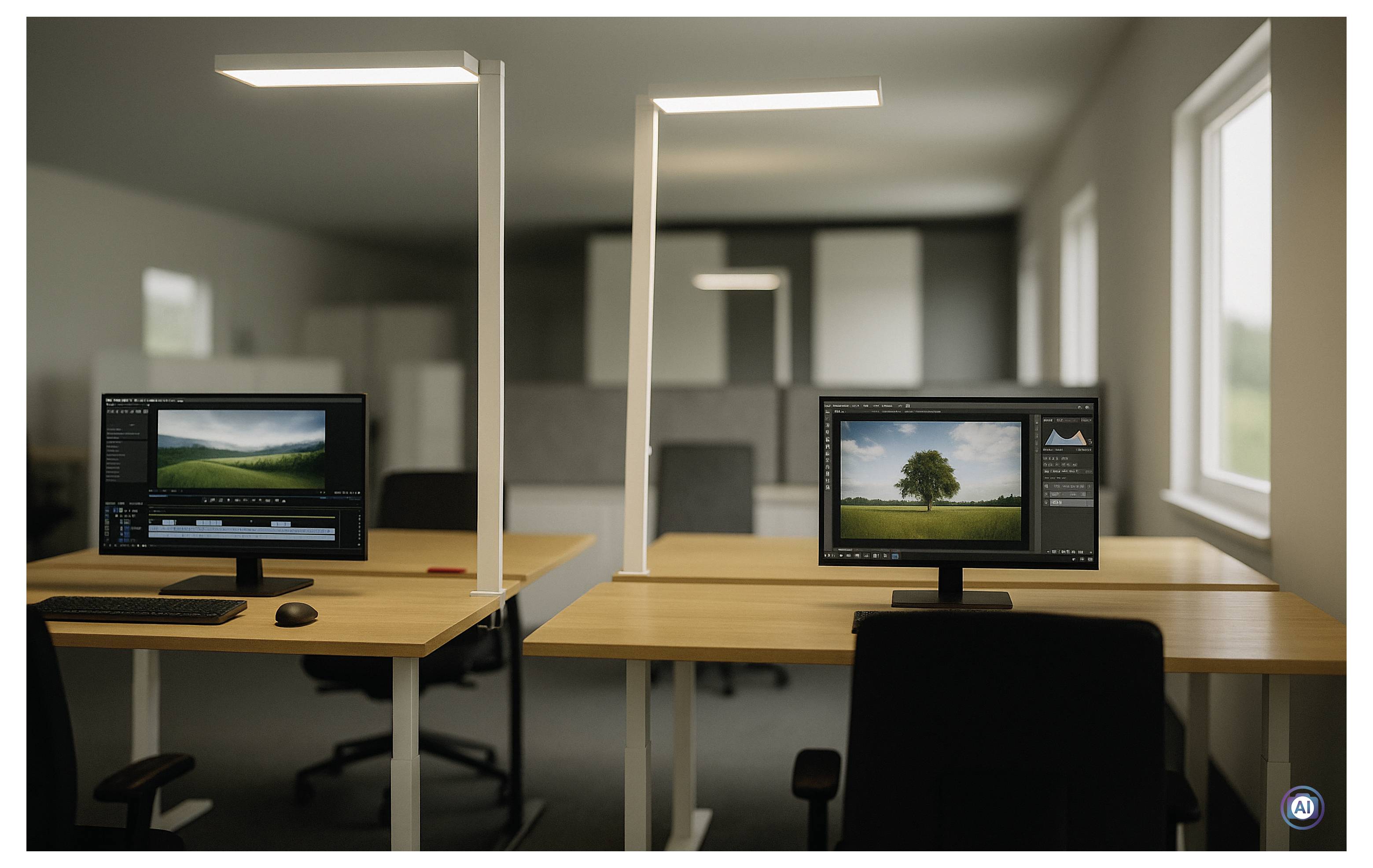 Ruhiges modernes Büro mit zwei Schreibtischen und Computermonitoren, auf denen jeweils eine Landschaftsfotobearbeitungsoberfläche angezeigt wird, getrennt durch Glastrennwände.