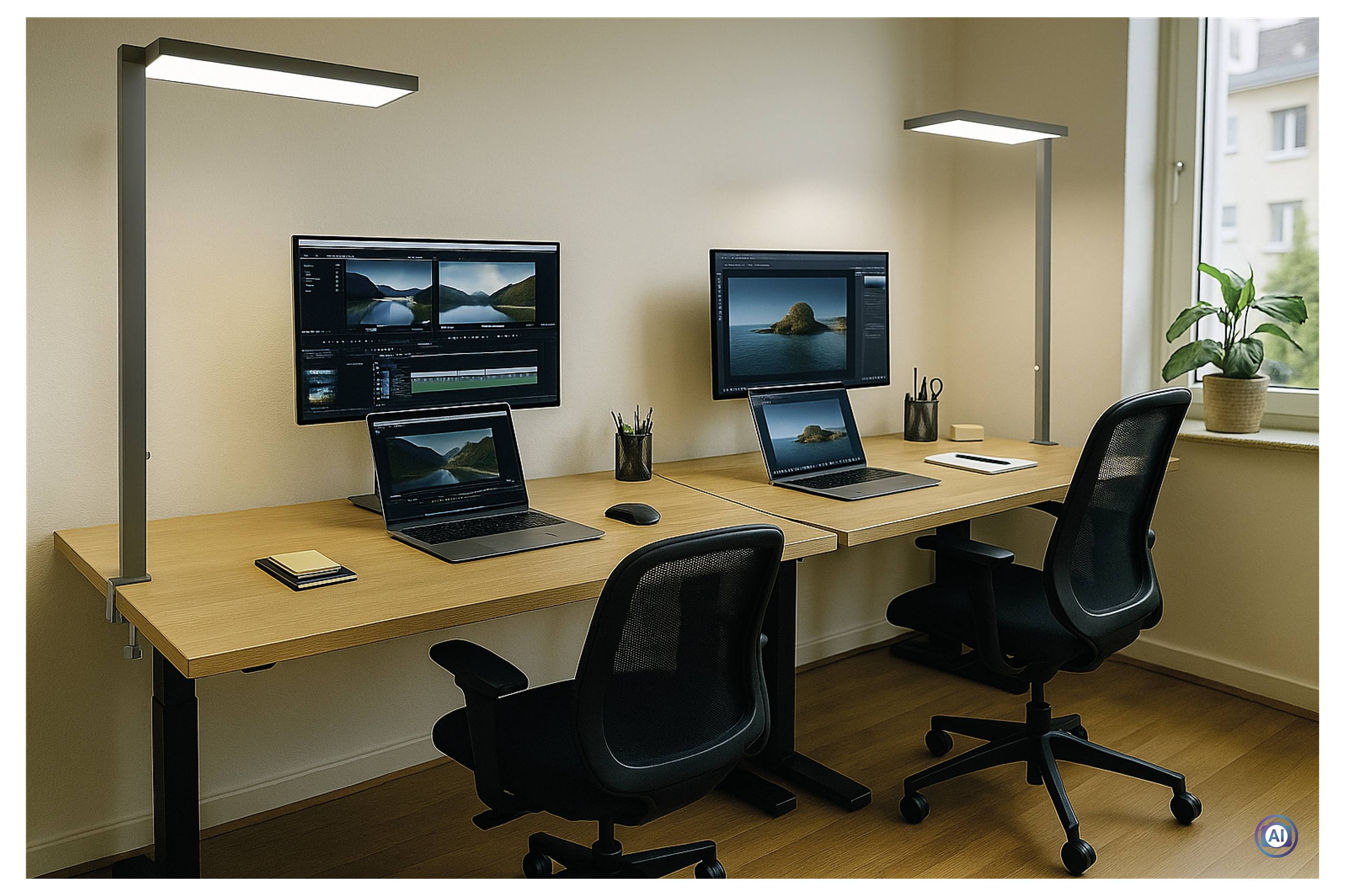 Modernes Homeoffice mit zwei Schreibtischplätzen, Dual-Monitor-Setup und Laptops auf einem langen Holzschreibtisch, schwarzen Stühlen, Schreibtischlampen und einer Topfpflanze am Fenster.