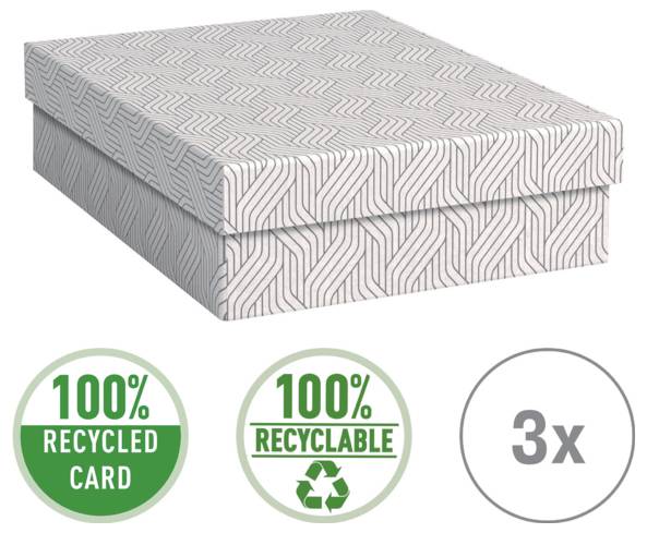 Kartonage mit geometrischem Muster, gekennzeichnet mit 100% recycelter Karton, 100% recycelbar und 3x.