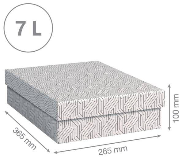 Lagerkiste mit Deckel, gekennzeichnet 7 L; Abmessungen 365 mm × 265 mm × 100 mm.