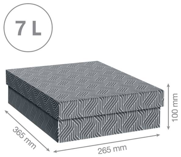 Rechteckige Aufbewahrungsbox mit gemustertem Deckel, bezeichnet mit 7 L, mit den Maßen 365 mm x 265 mm x 100 mm.