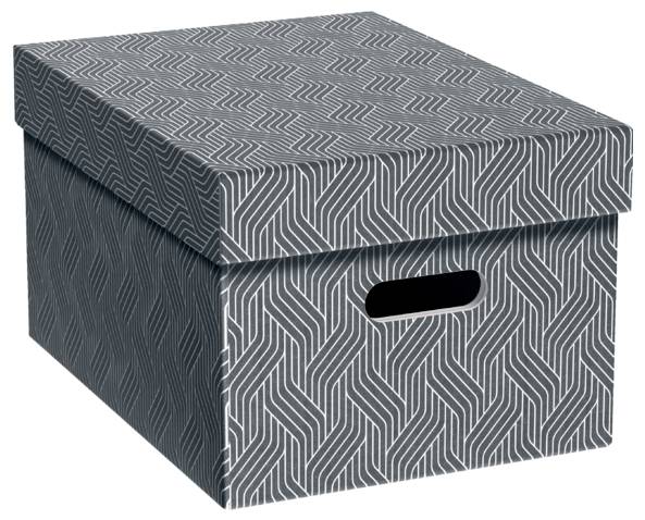 Graue gemusterte Aufbewahrungsbox mit Deckel und ovalem Griffloch an der Vorderseite.