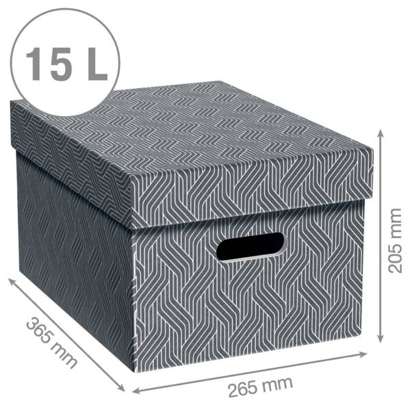 Gemusterter Aufbewahrungskarton mit Deckel und Griffausschnitt an der Vorderseite, gekennzeichnet mit 15 L, mit Abmessungen von 365 mm x 265 mm x 205 mm.